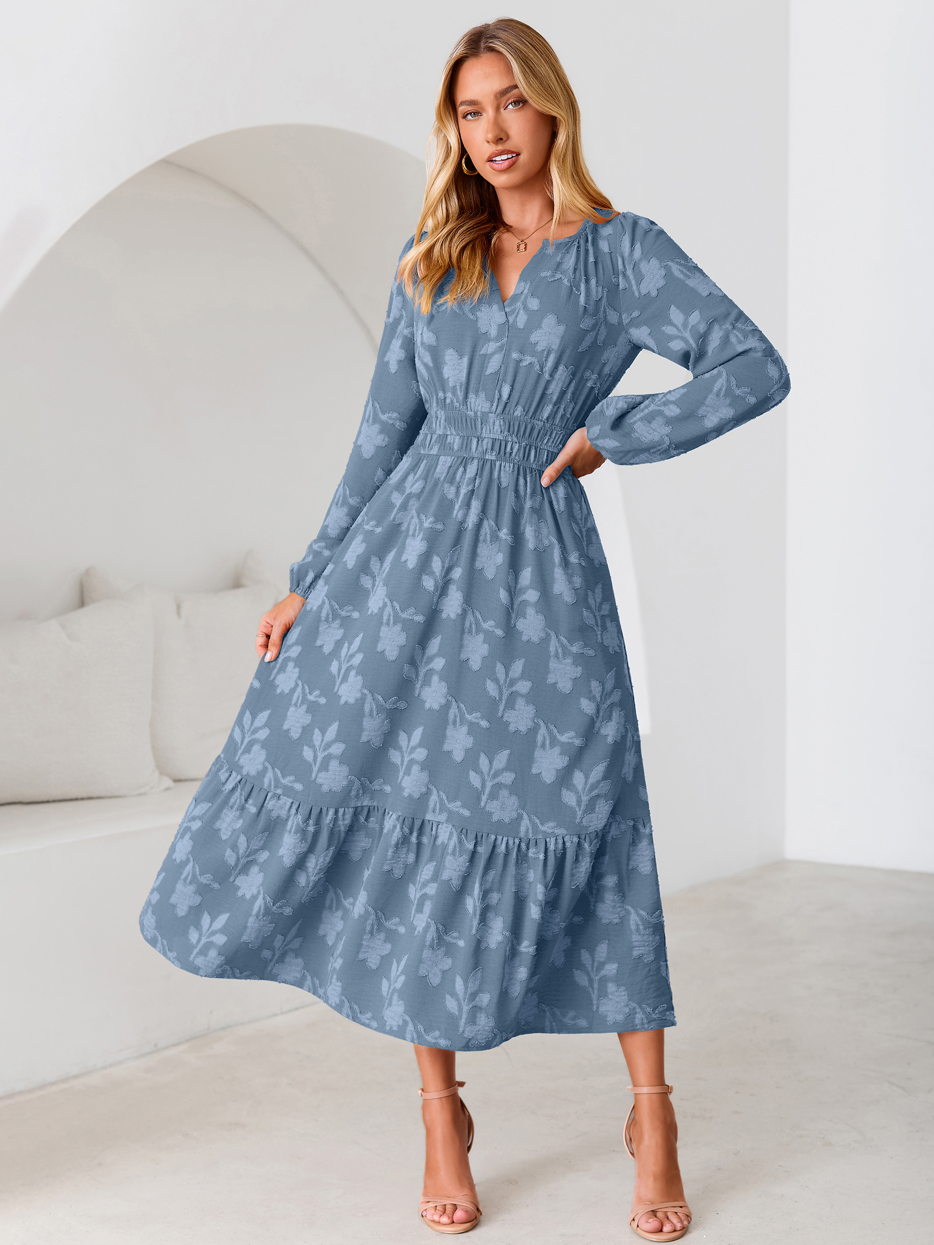 Floral Burnout V Neck Long Sleeve Maxi Dress