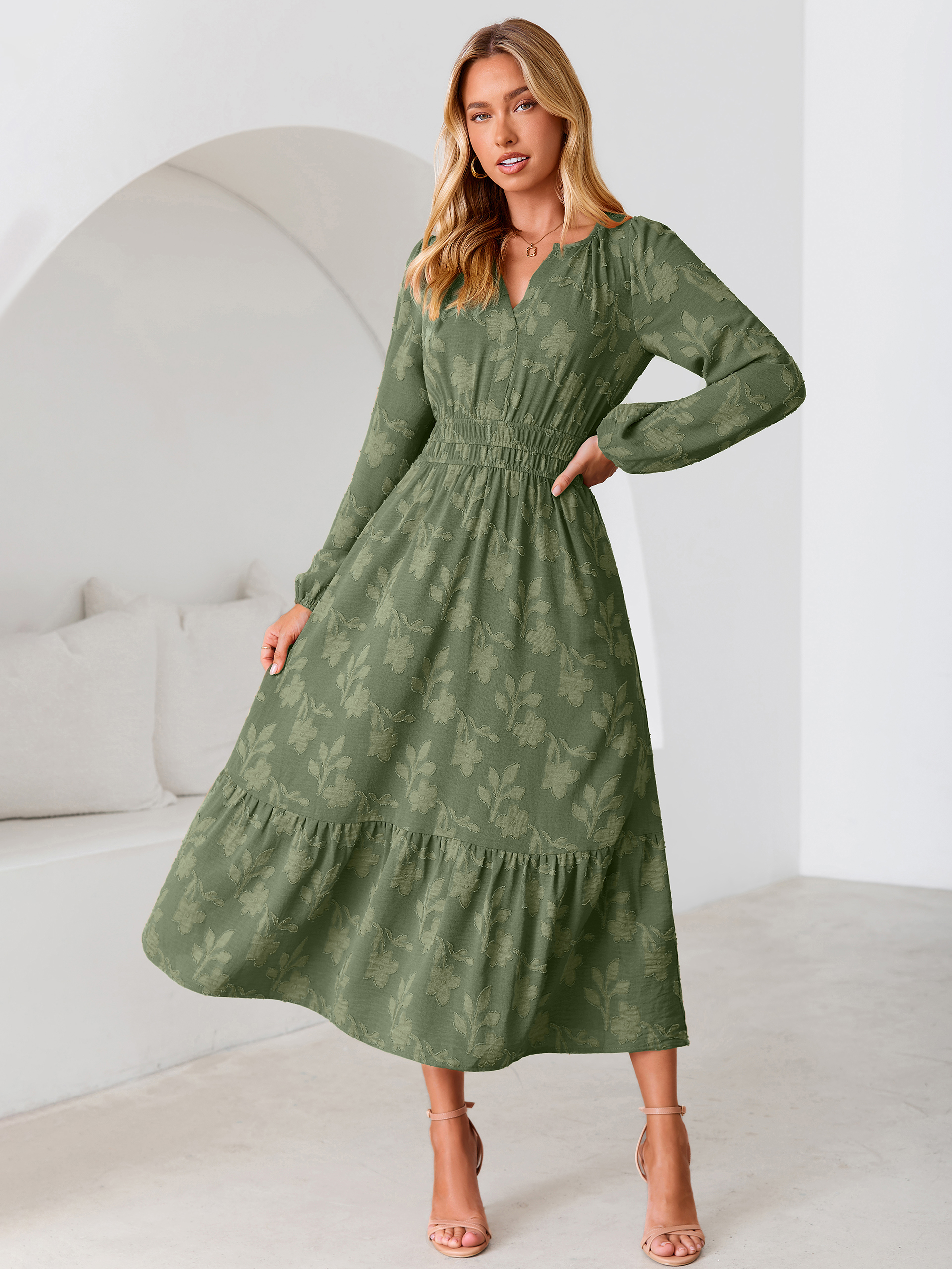 Floral Burnout V Neck Long Sleeve Maxi Dress