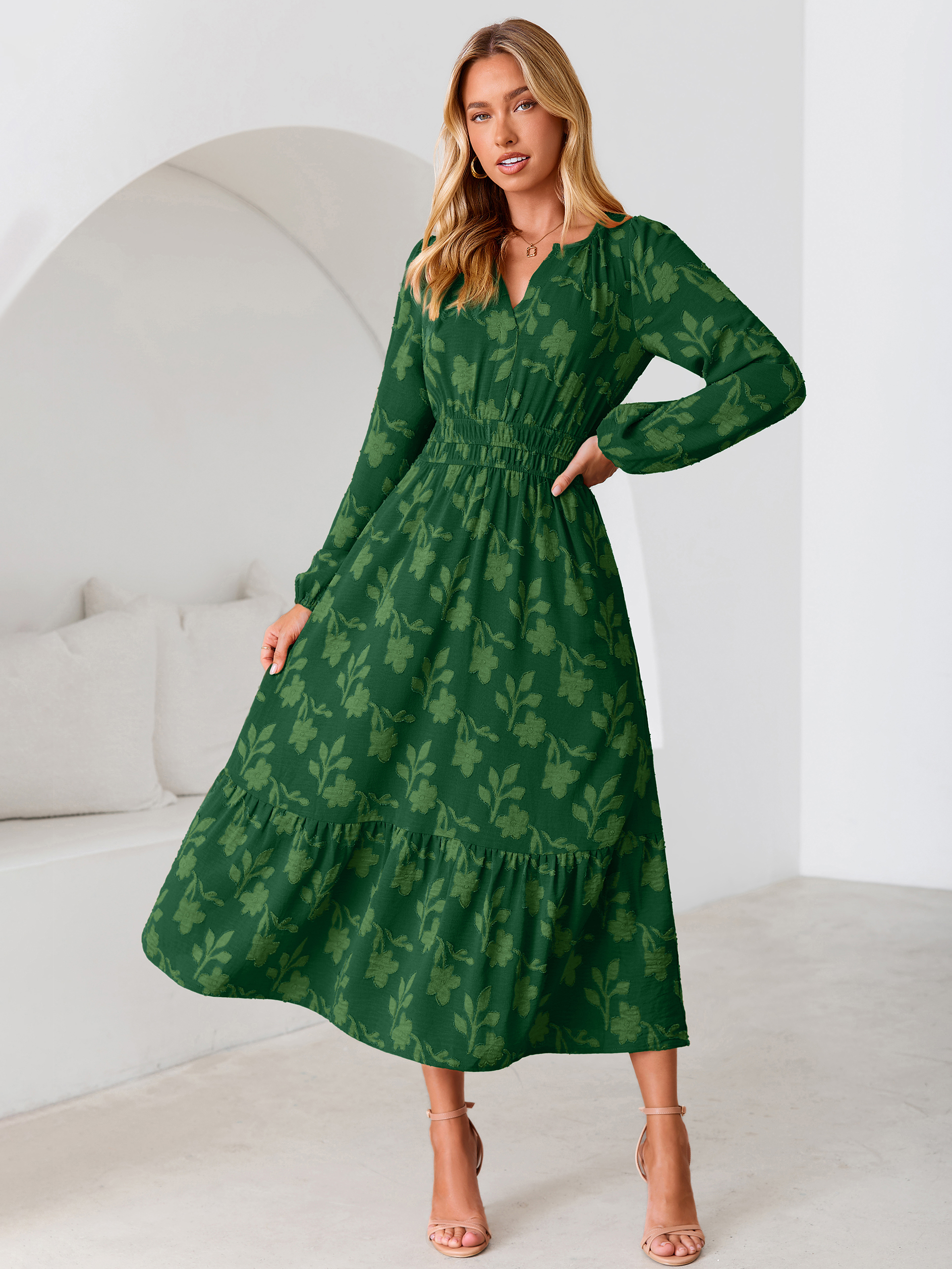 Floral Burnout V Neck Long Sleeve Maxi Dress