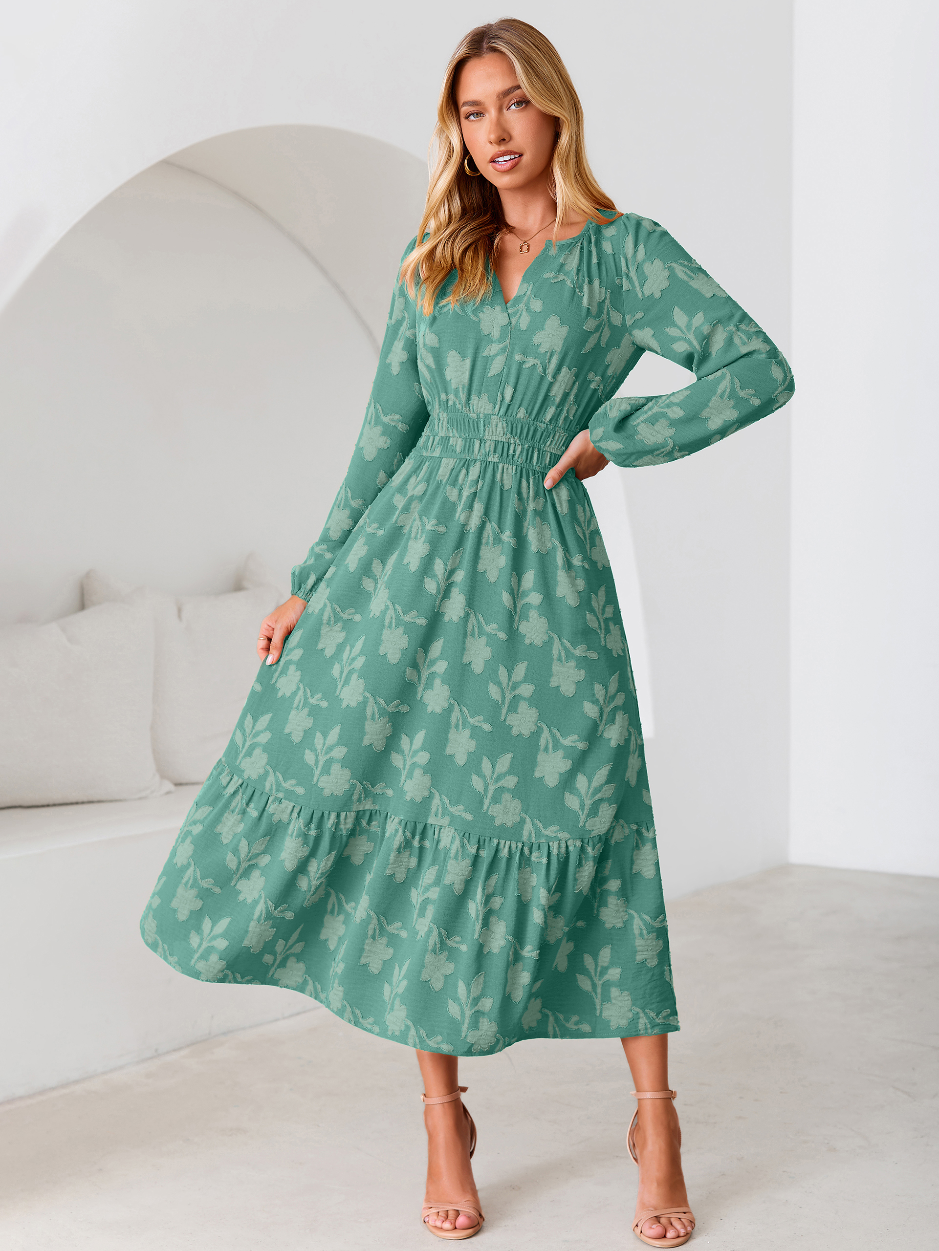 Floral Burnout V Neck Long Sleeve Maxi Dress