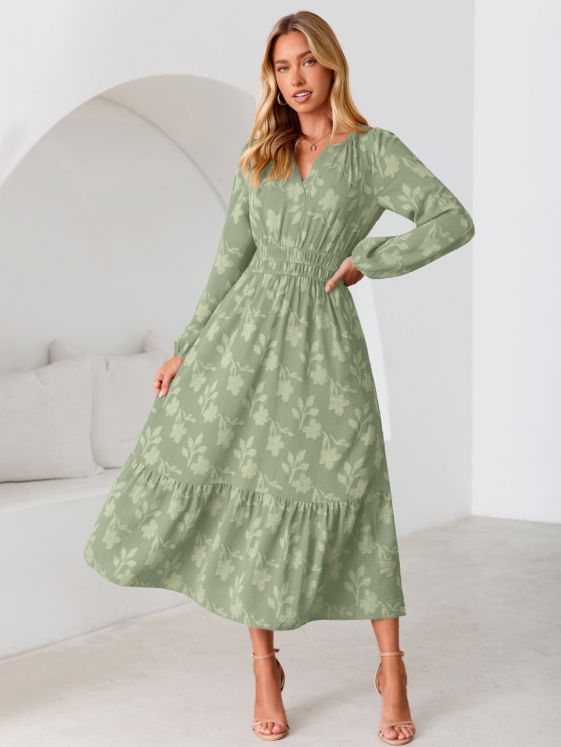 Floral Burnout V Neck Long Sleeve Maxi Dress