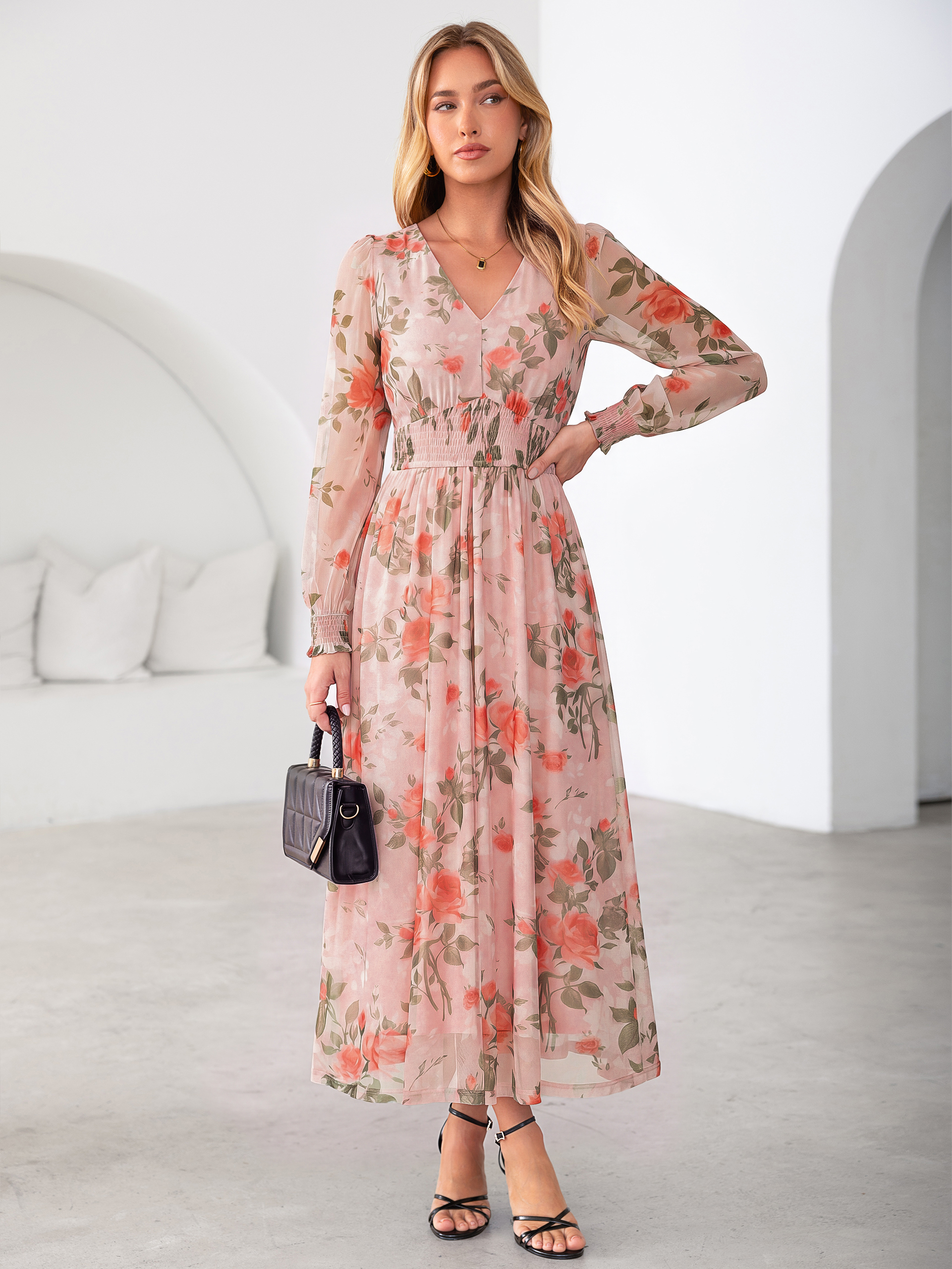 Romantic Floral Tulle Smocked Maxi Dress