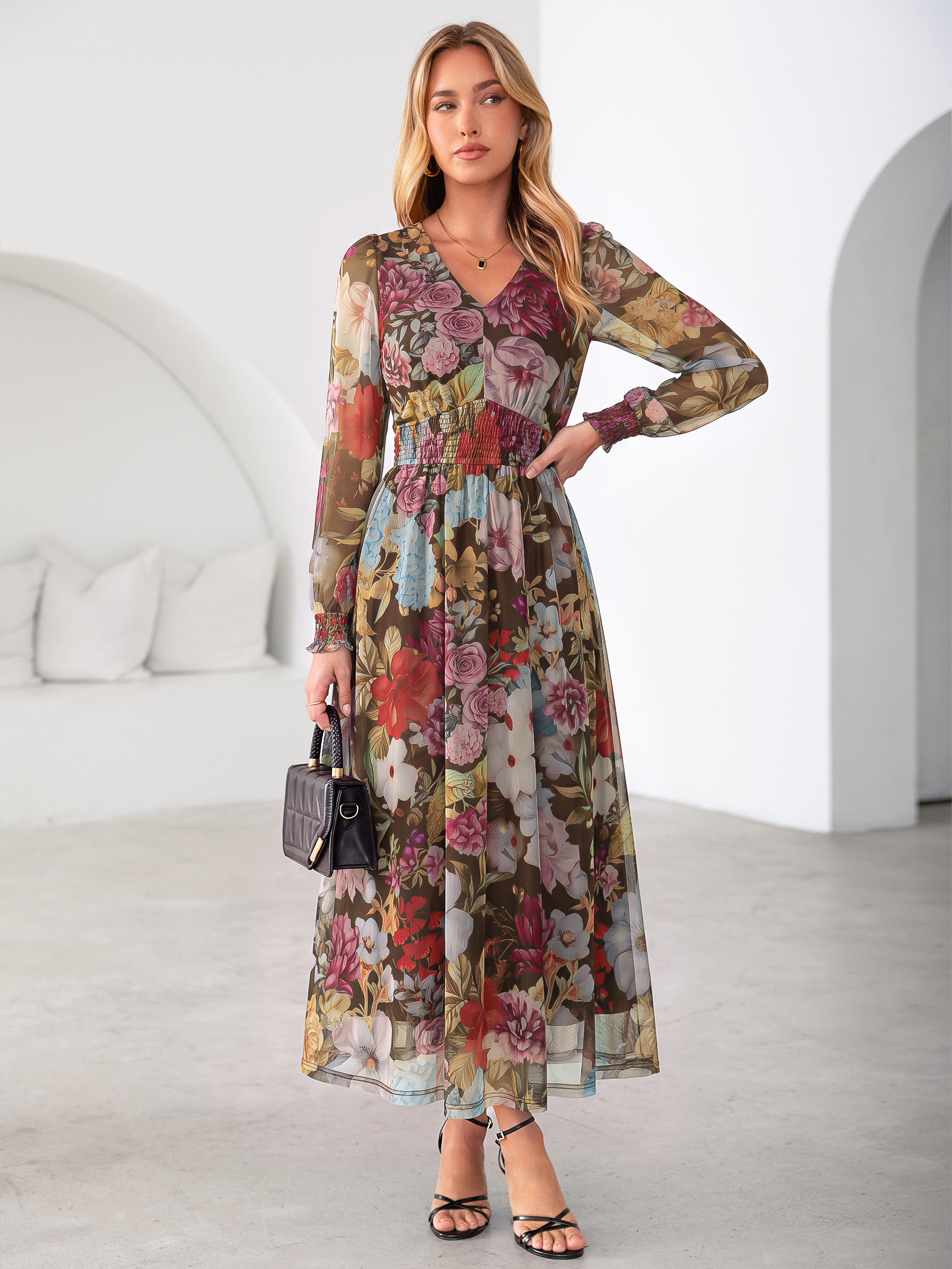 Romantic Floral Tulle Smocked Maxi Dress