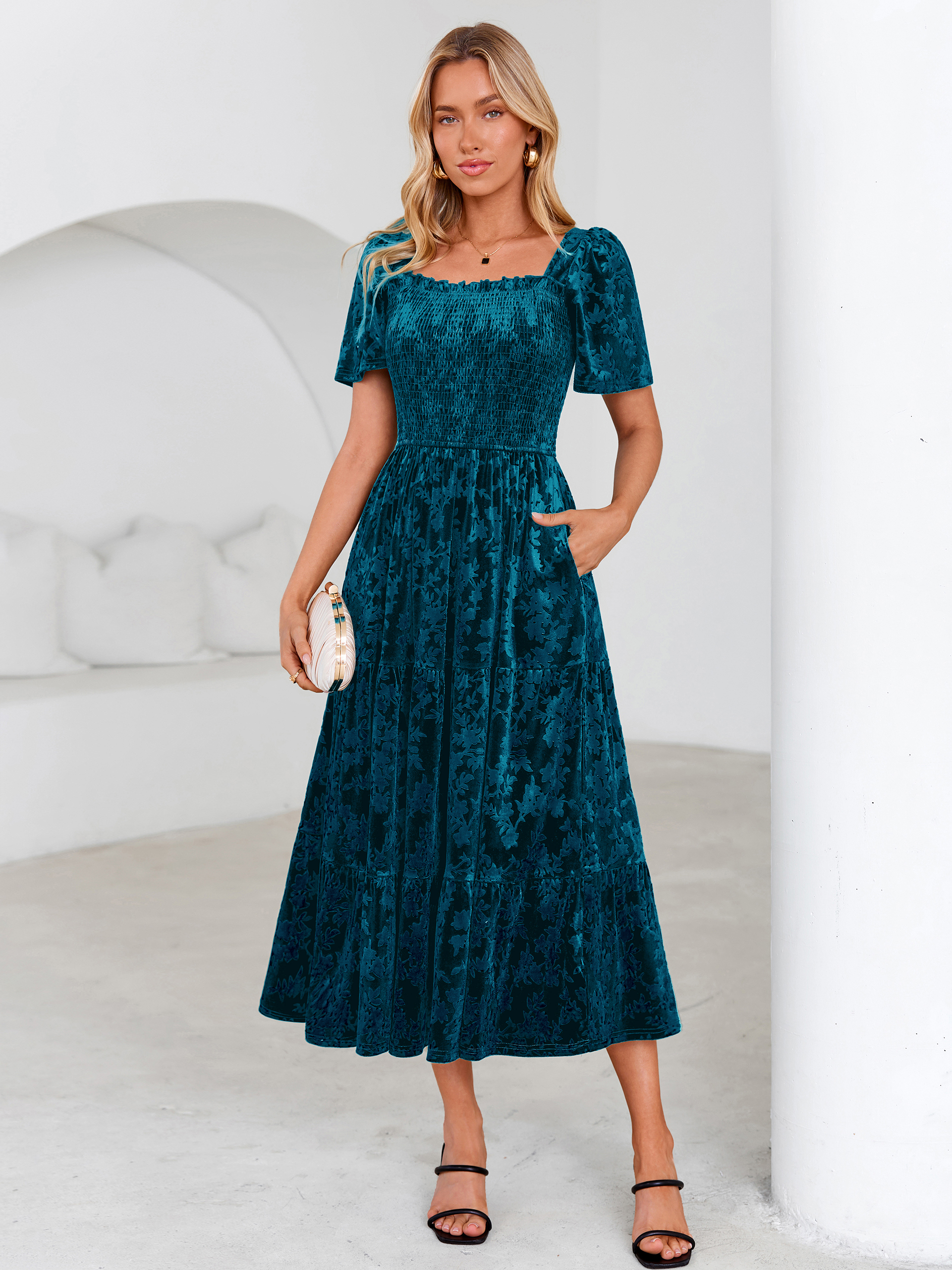 Square Neck Smocked Velvet Short Sleeve Maxi Dress - Blue Green