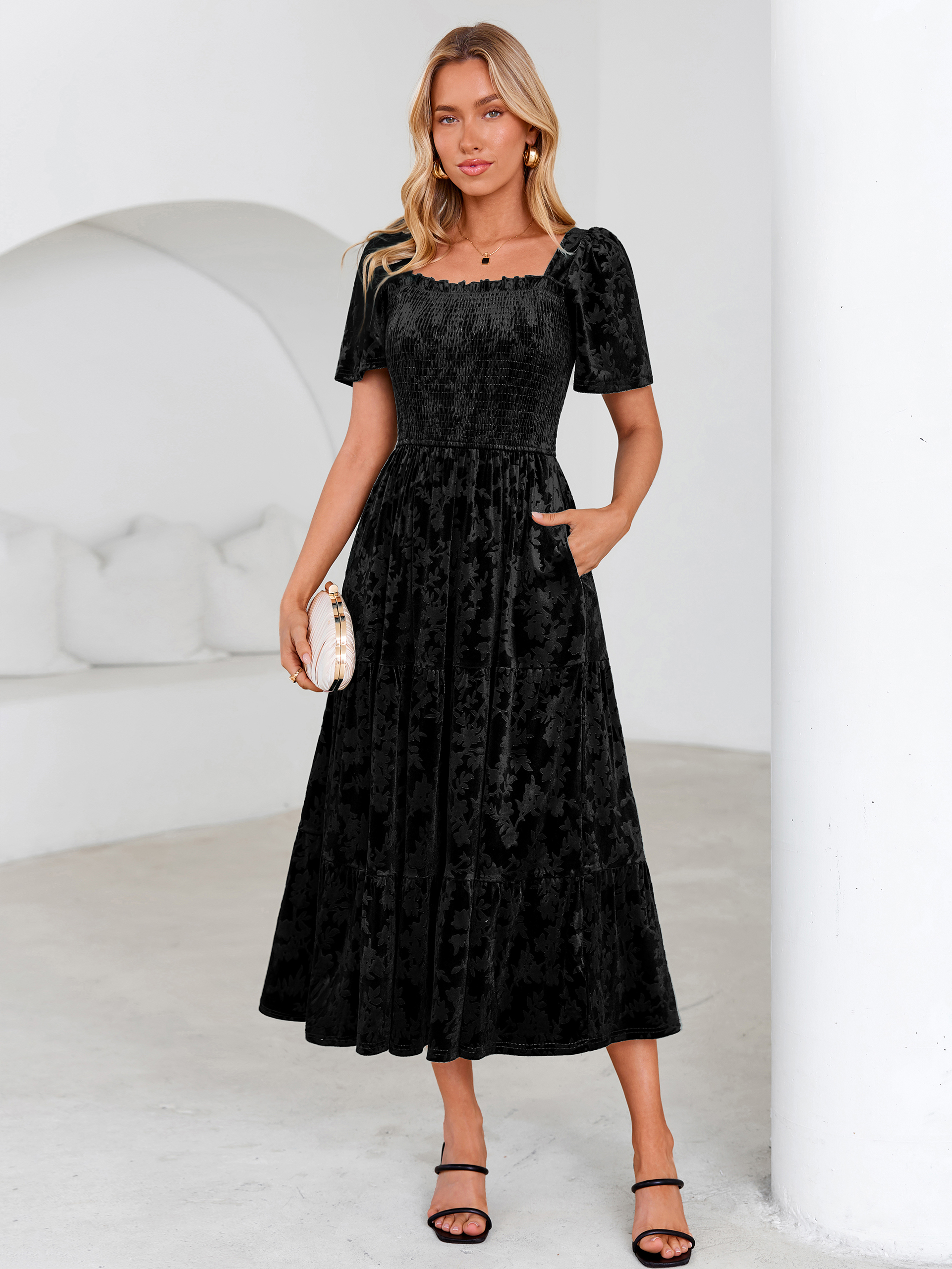 Square Neck Smocked Velvet Short Sleeve Maxi Dress - Black
