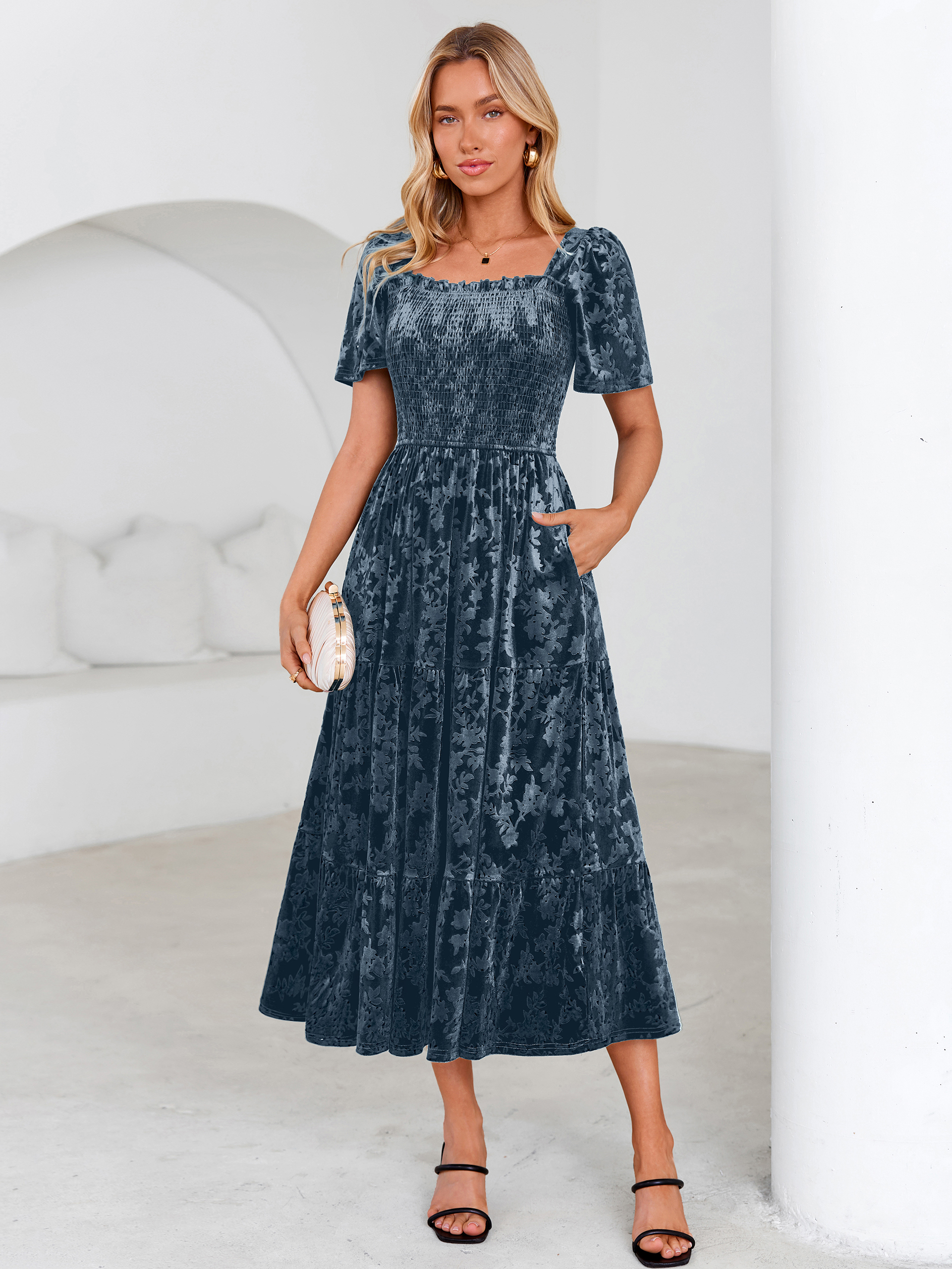 Square Neck Smocked Velvet Short Sleeve Maxi Dress - Grey Blue