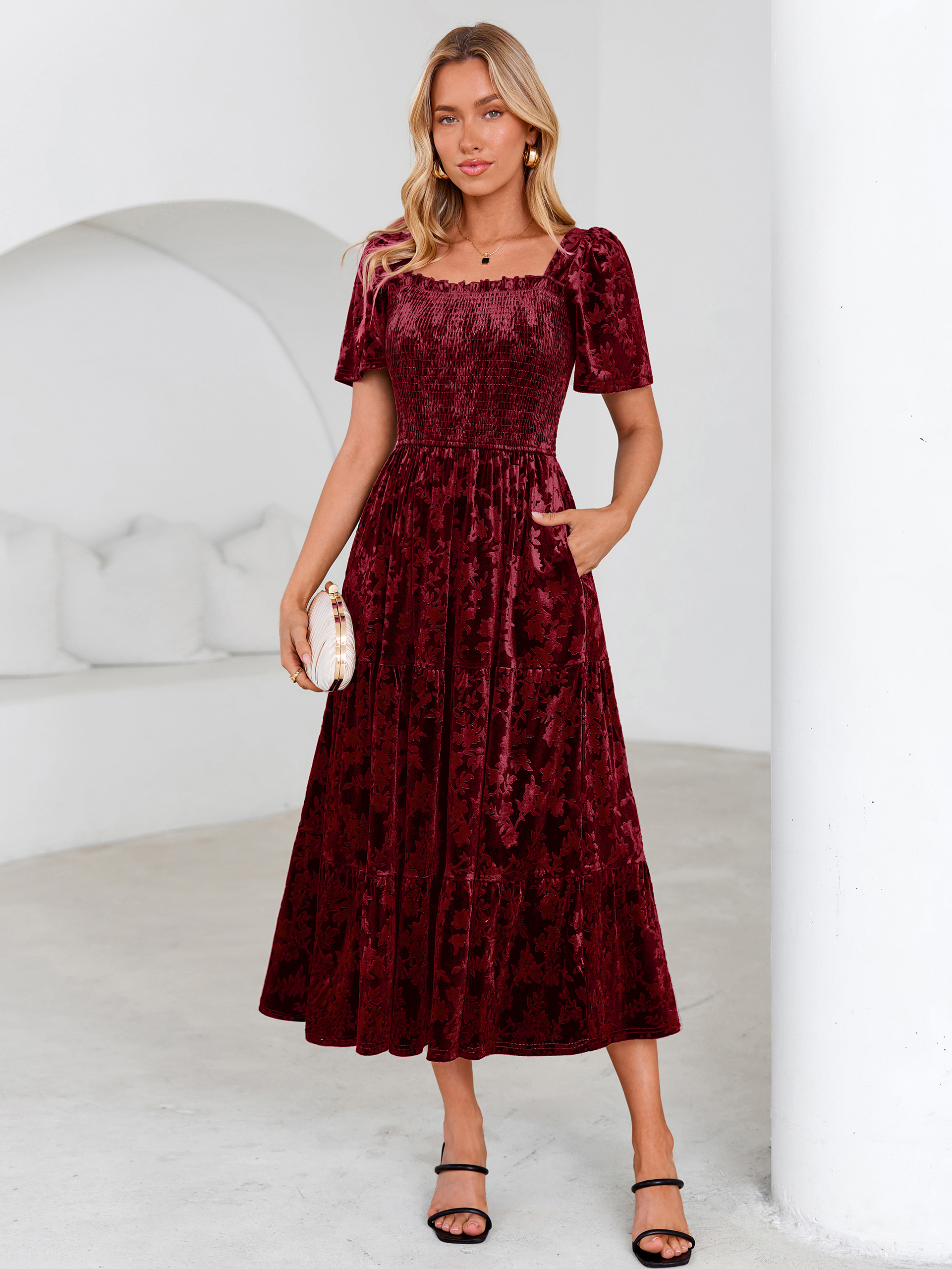 Square Neck Smocked Velvet Short Sleeve Maxi Dress - Burgundy