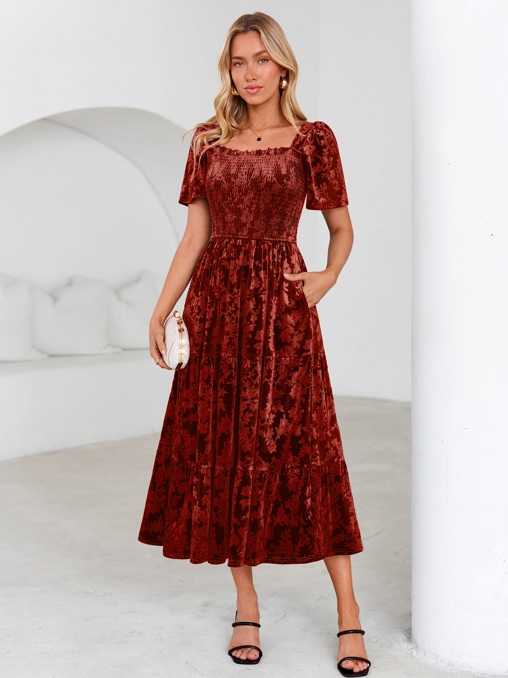 Square Neck Smocked Velvet Short Sleeve Maxi Dress - Orange Red