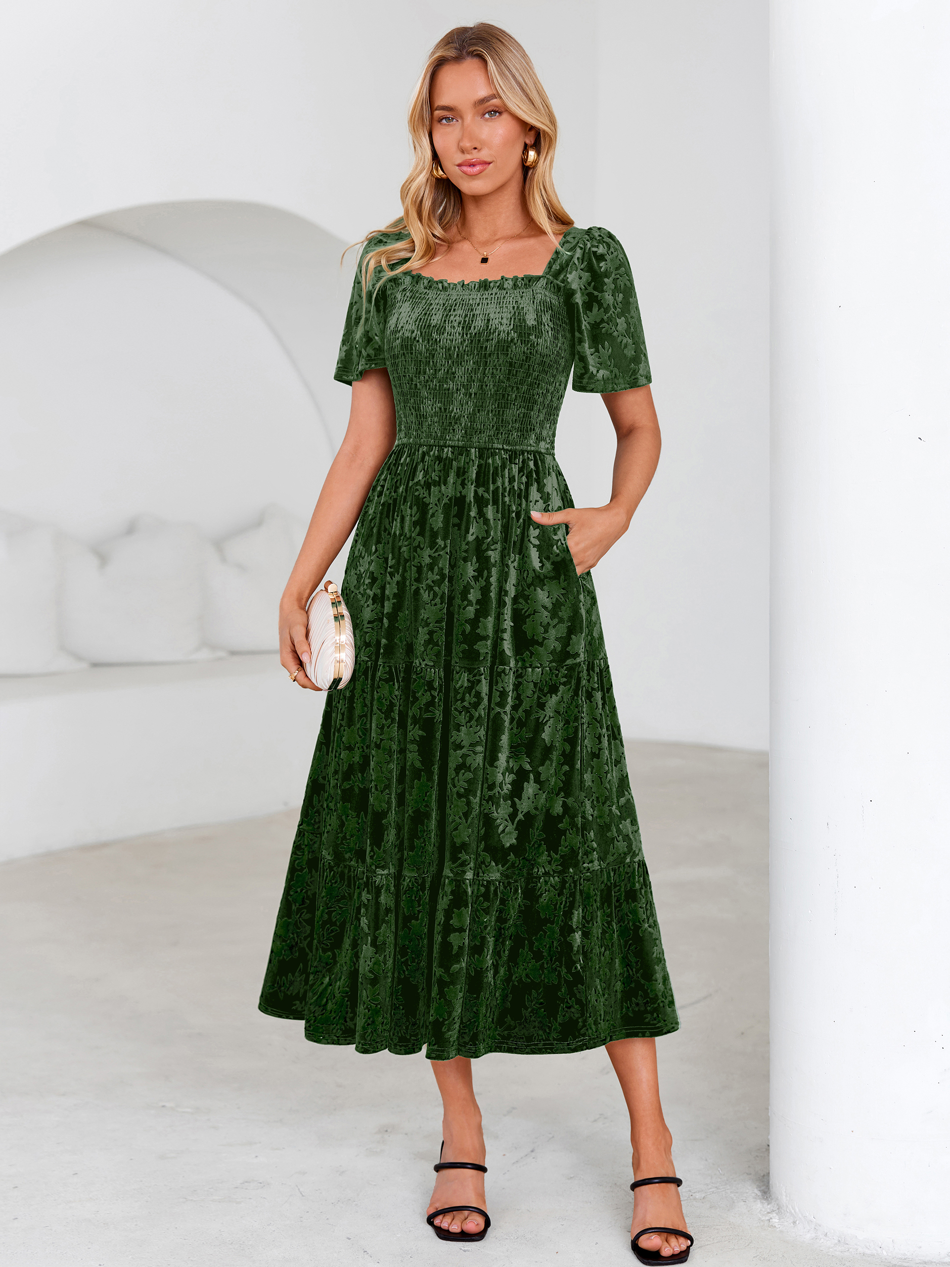 Square Neck Smocked Velvet Short Sleeve Maxi Dress - Army Green