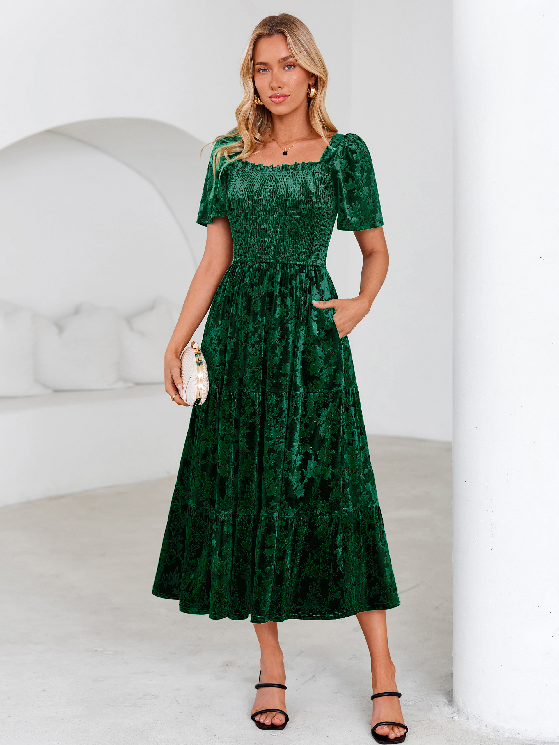 Square Neck Smocked Velvet Short Sleeve Maxi Dress - Dark Green