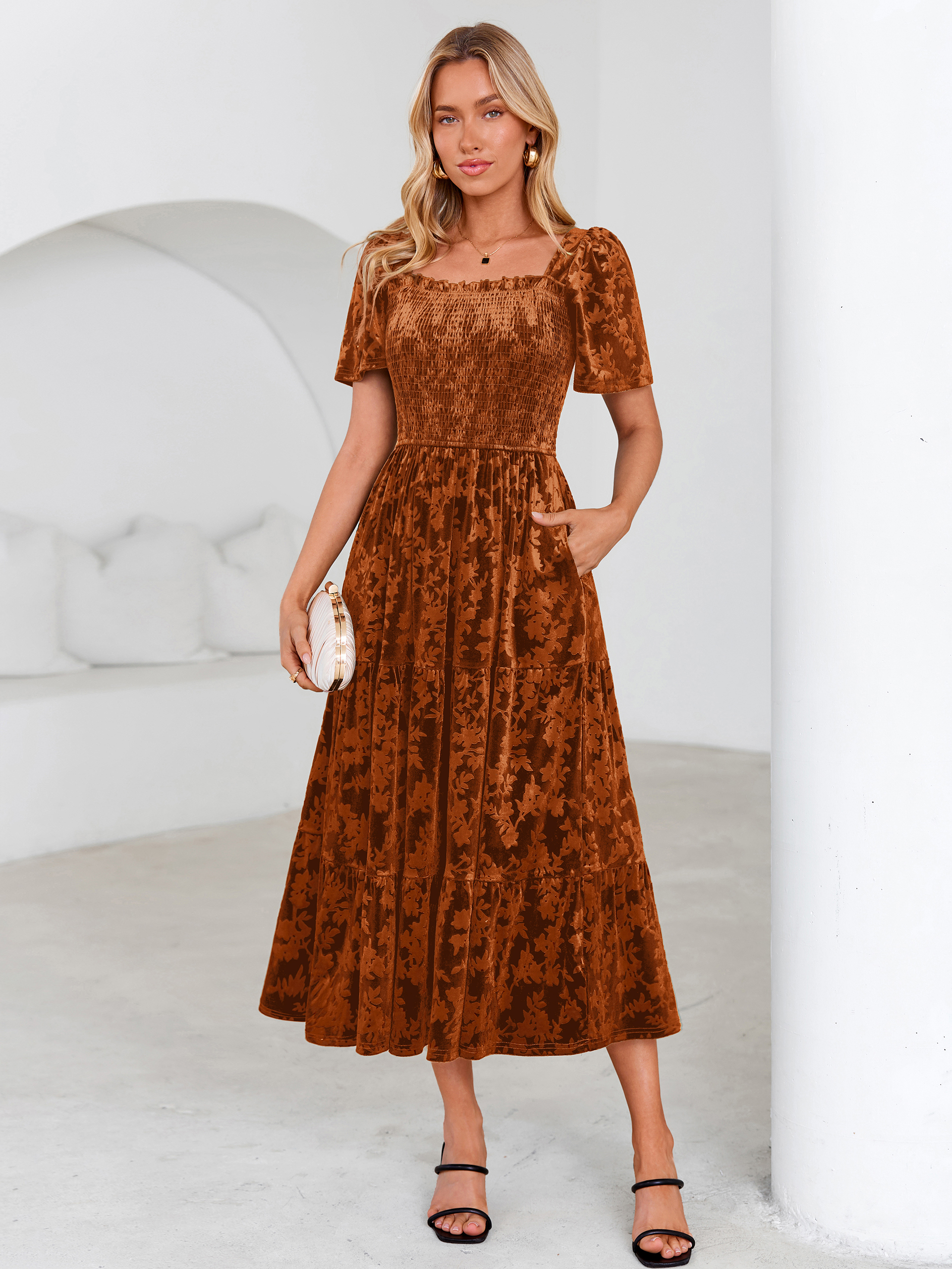 Square Neck Smocked Velvet Short Sleeve Maxi Dress - Earthy Orange