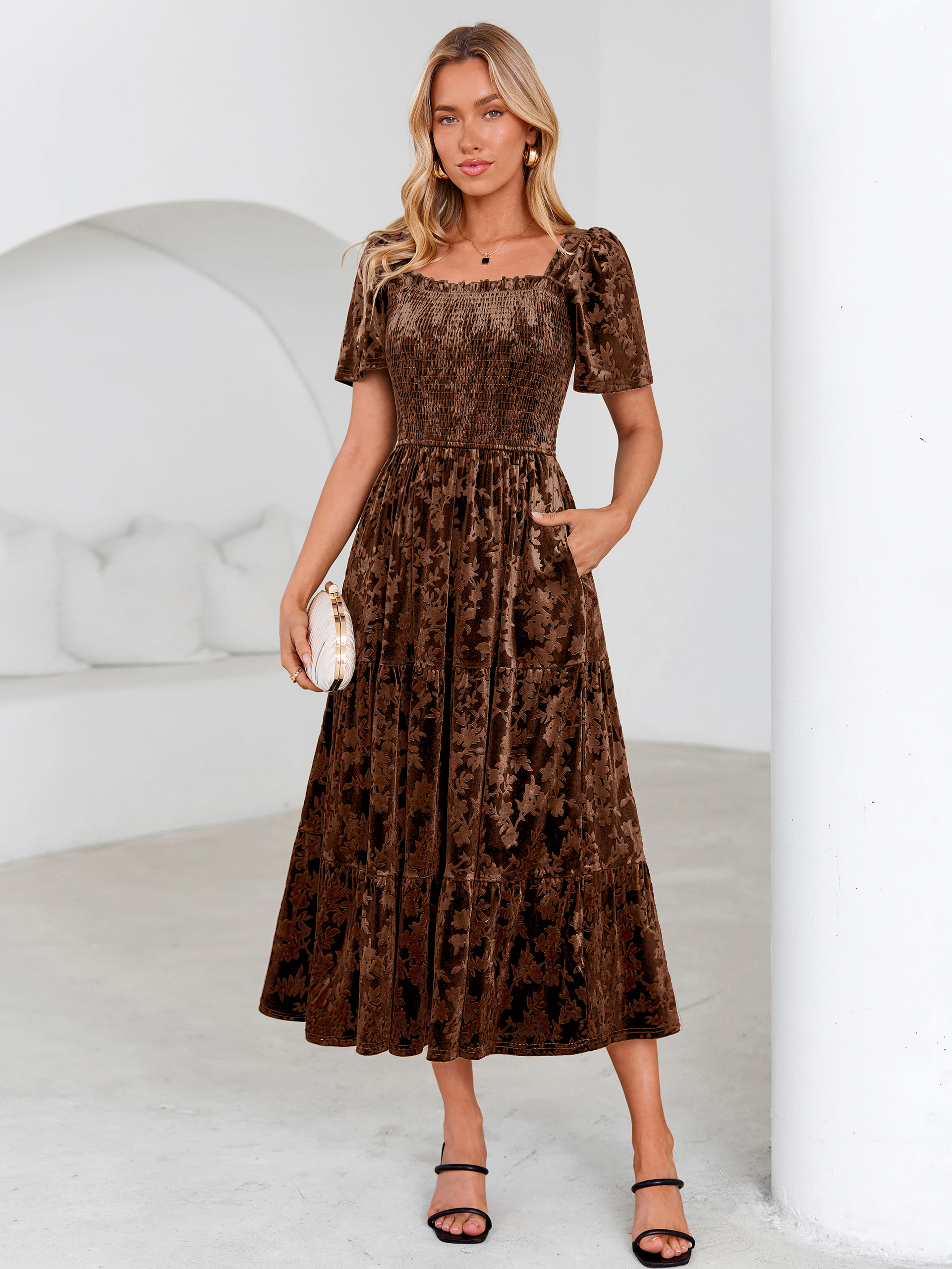 Square Neck Smocked Velvet Short Sleeve Maxi Dress - Brown