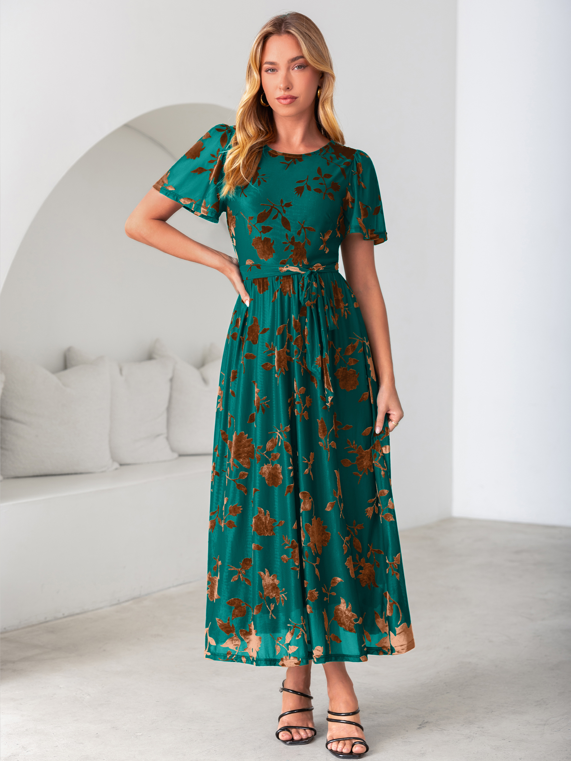 Velvet Floral Tie Waist Flutter Sleeve Maxi Dress