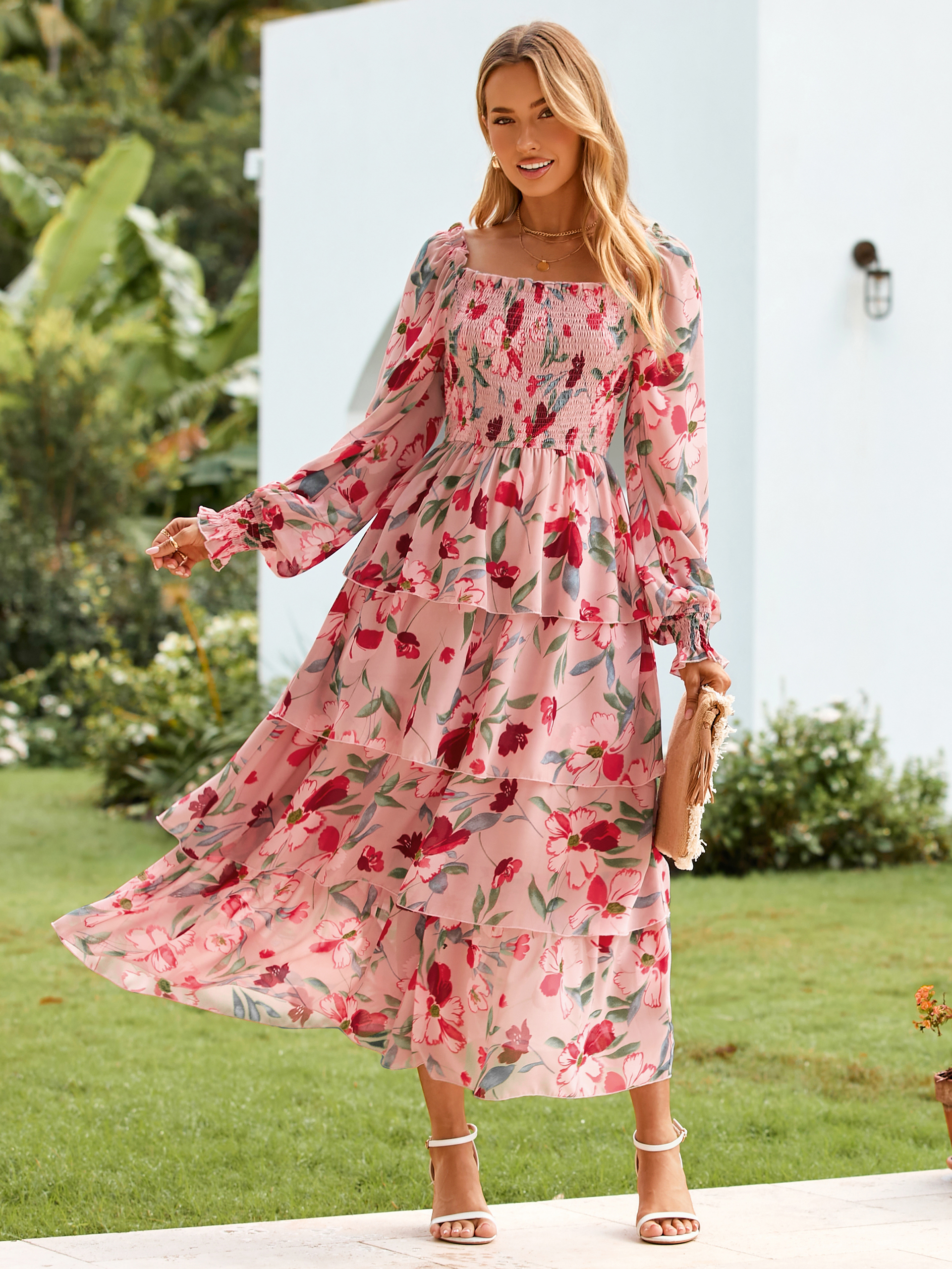 Floral Chiffon Tiered Smocked Wedding Guest Dress - Pink Floral