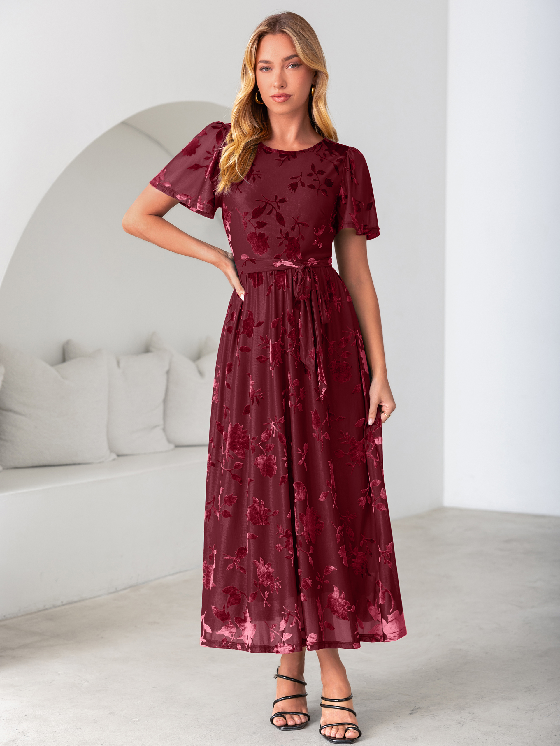 Velvet Floral Tie Waist Flutter Sleeve Maxi Dress