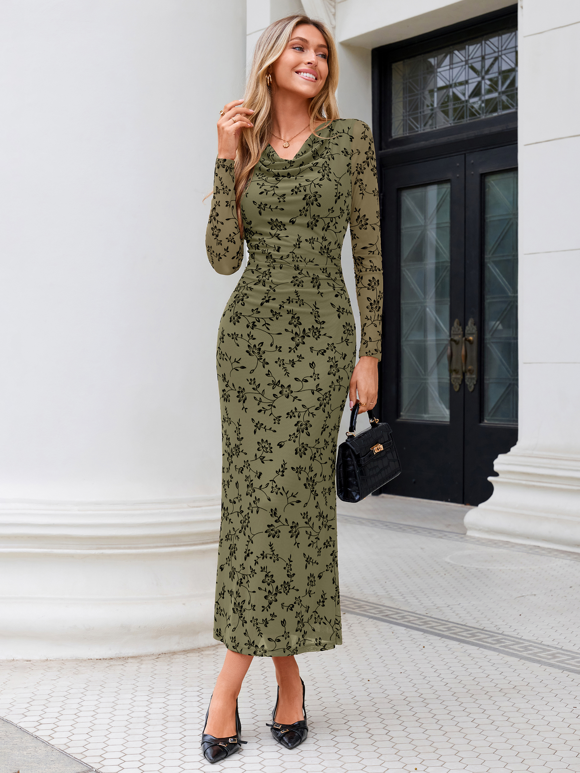 Floral Jacquard Mesh Cowl Neck Bodycon Maxi Dress