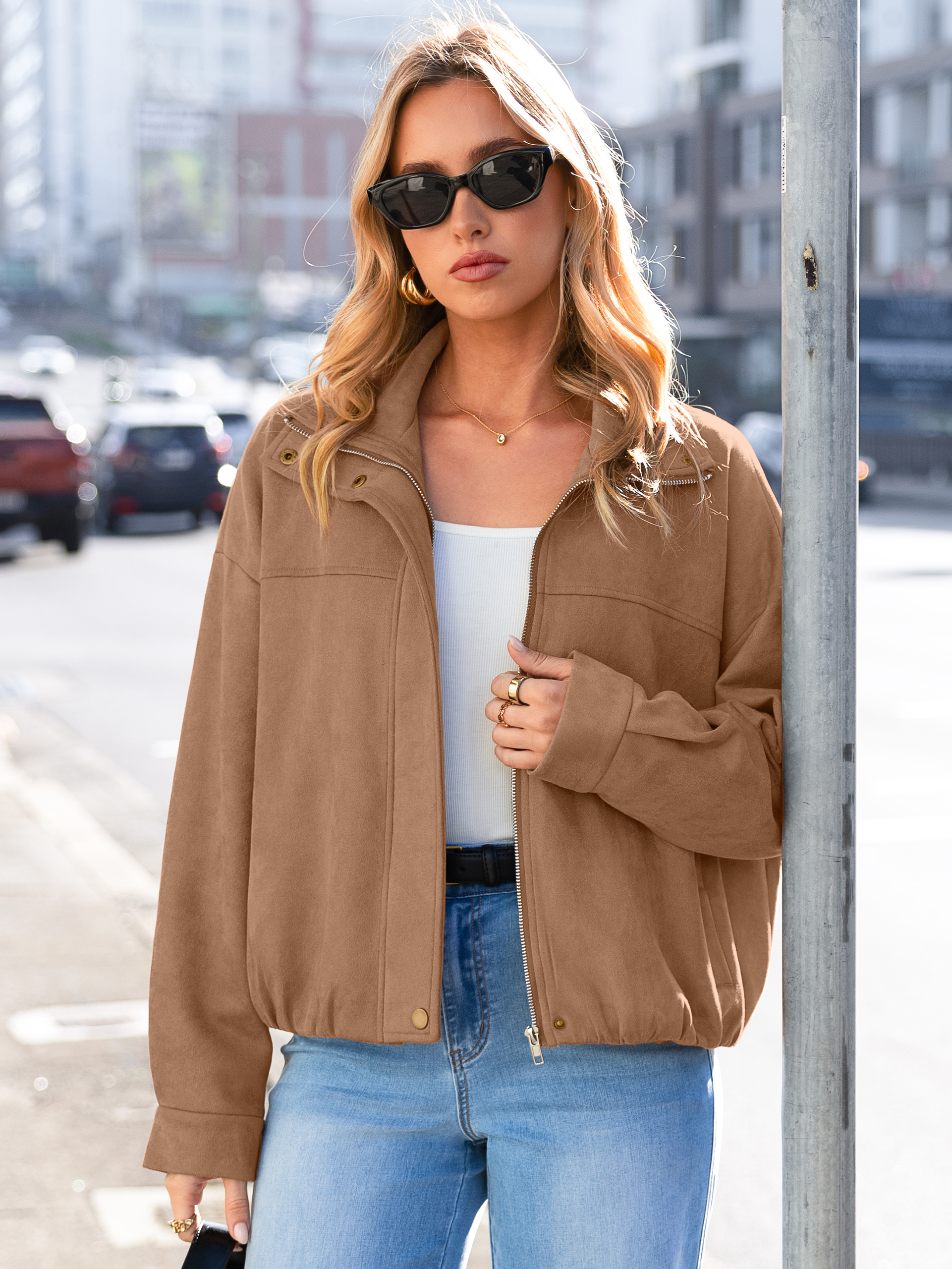 Casual Lapel Zip Front Faux Suede Bomber Jacket - Camel