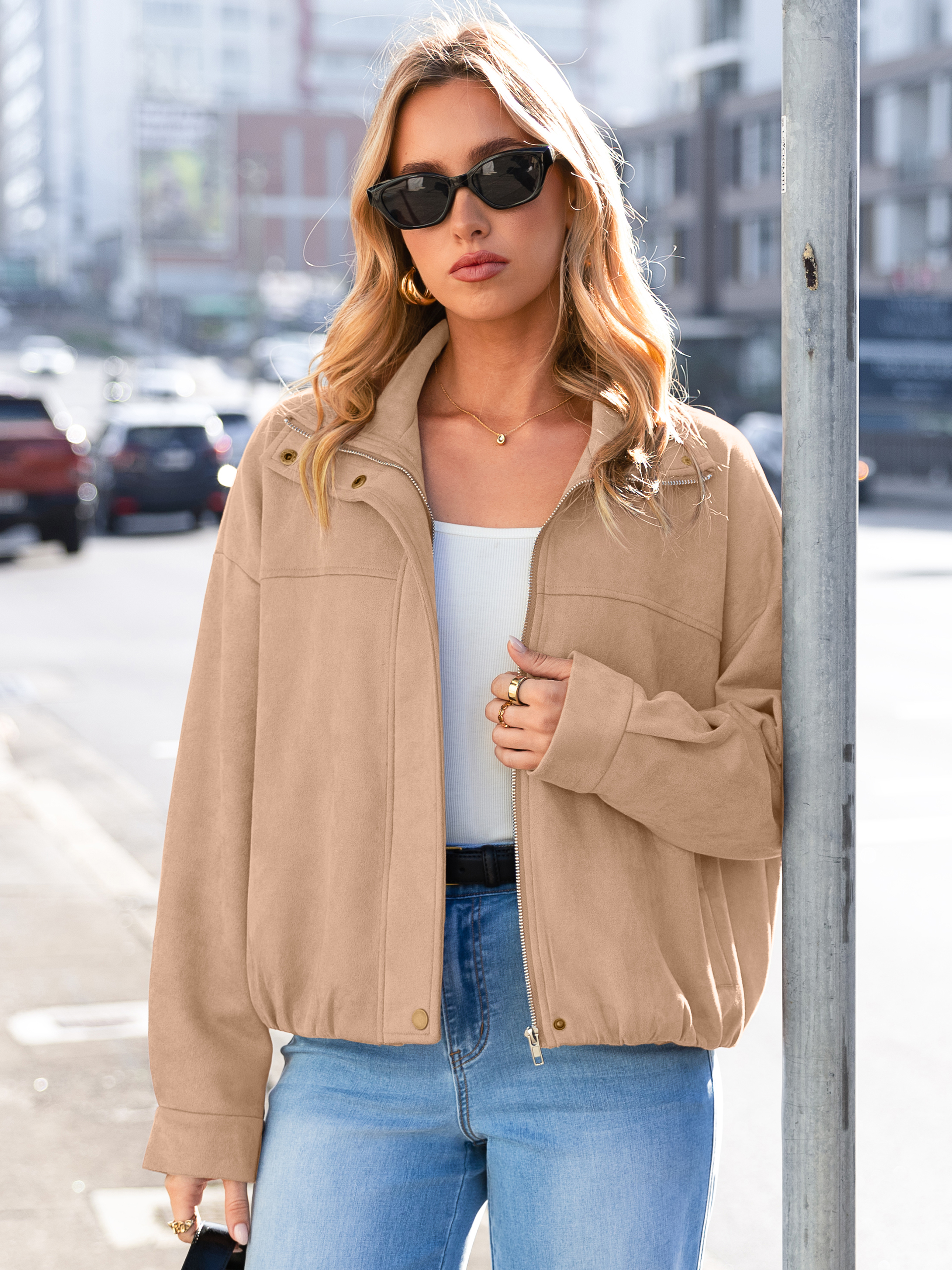 Casual Lapel Zip Front Faux Suede Bomber Jacket - Khaki