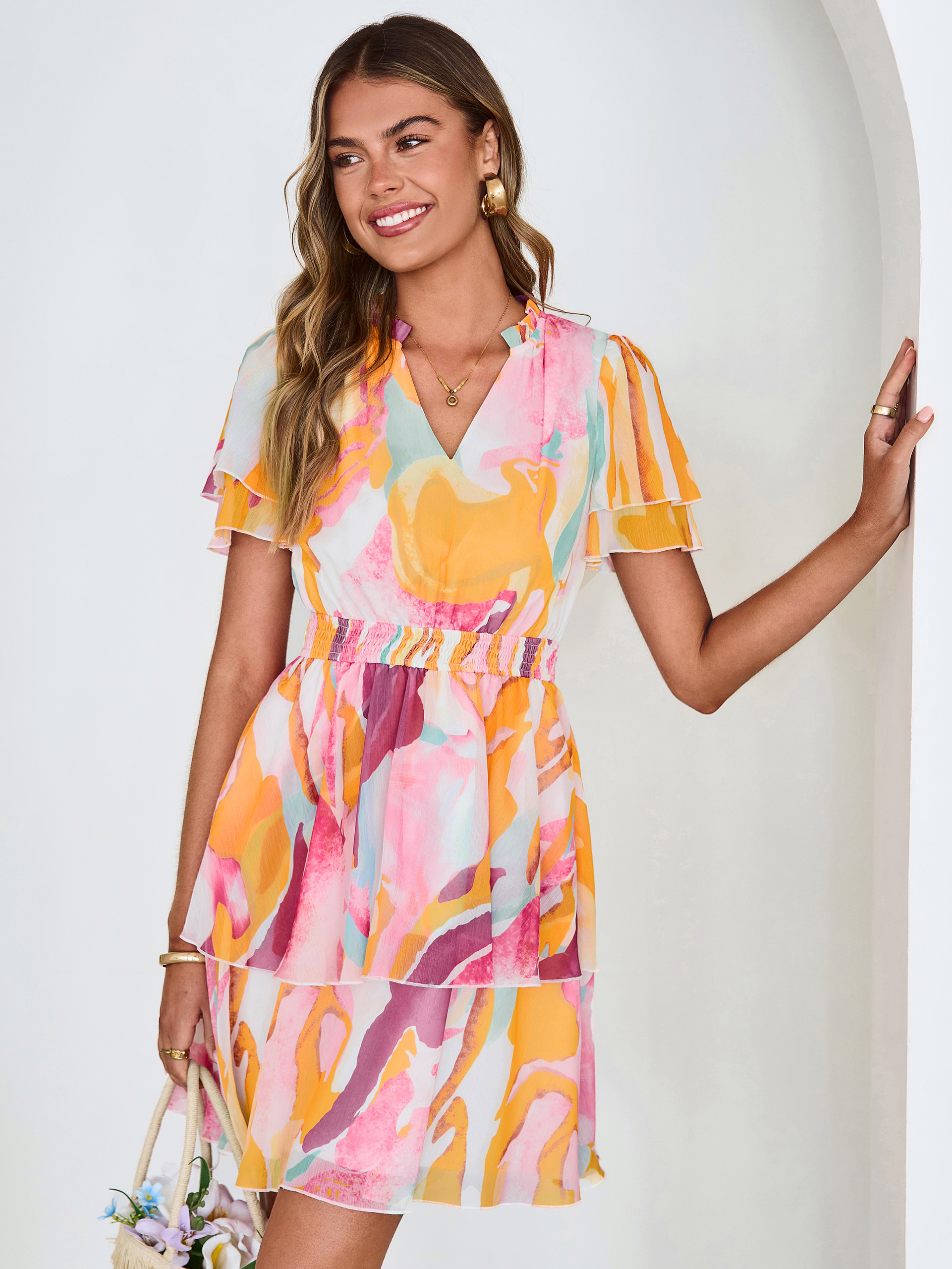 Floral Print V Neck Smocked Tiered Mini Dress