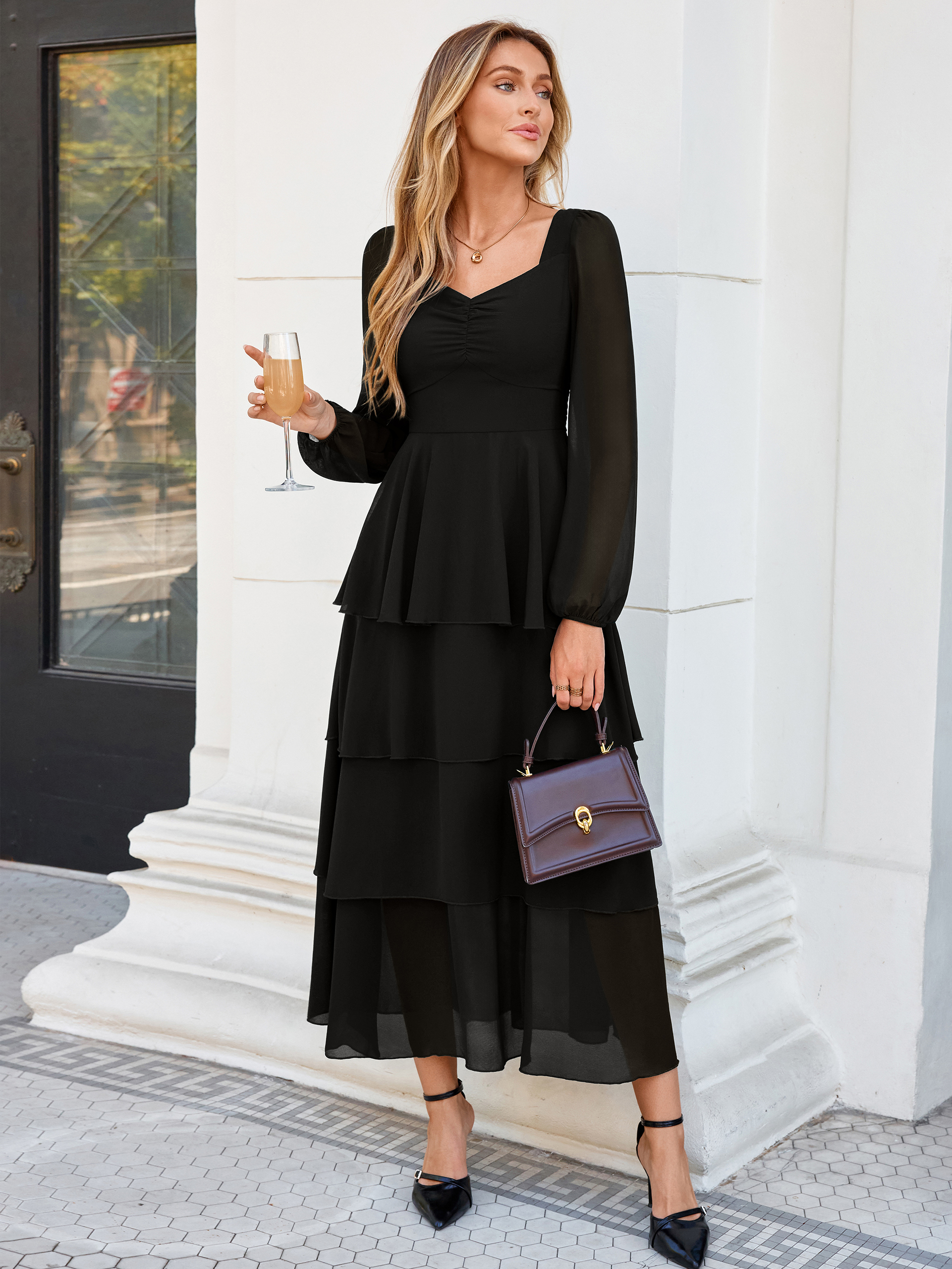 Sweetheart Ruched Long Sleeve Tiered Chiffon Maxi Dress