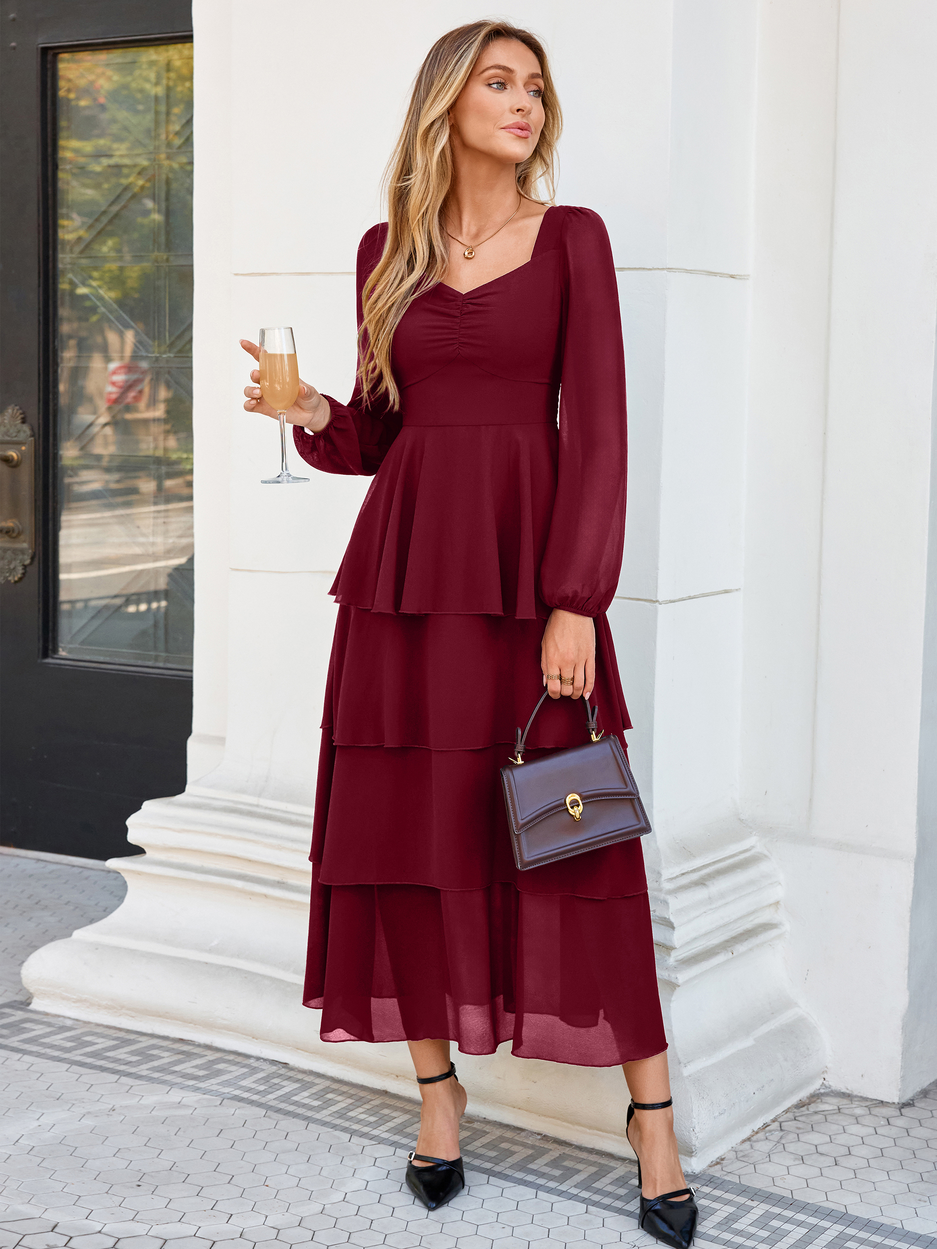 Sweetheart Ruched Long Sleeve Tiered Chiffon Maxi Dress