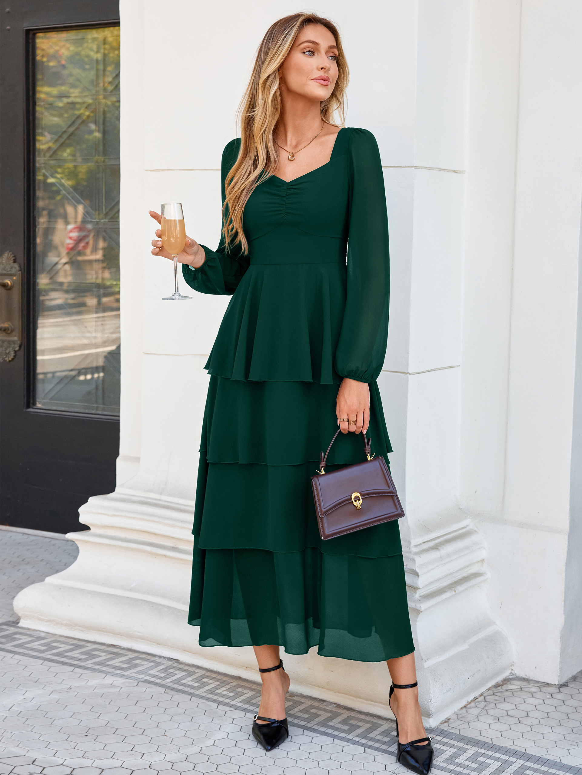 Sweetheart Ruched Long Sleeve Tiered Chiffon Maxi Dress