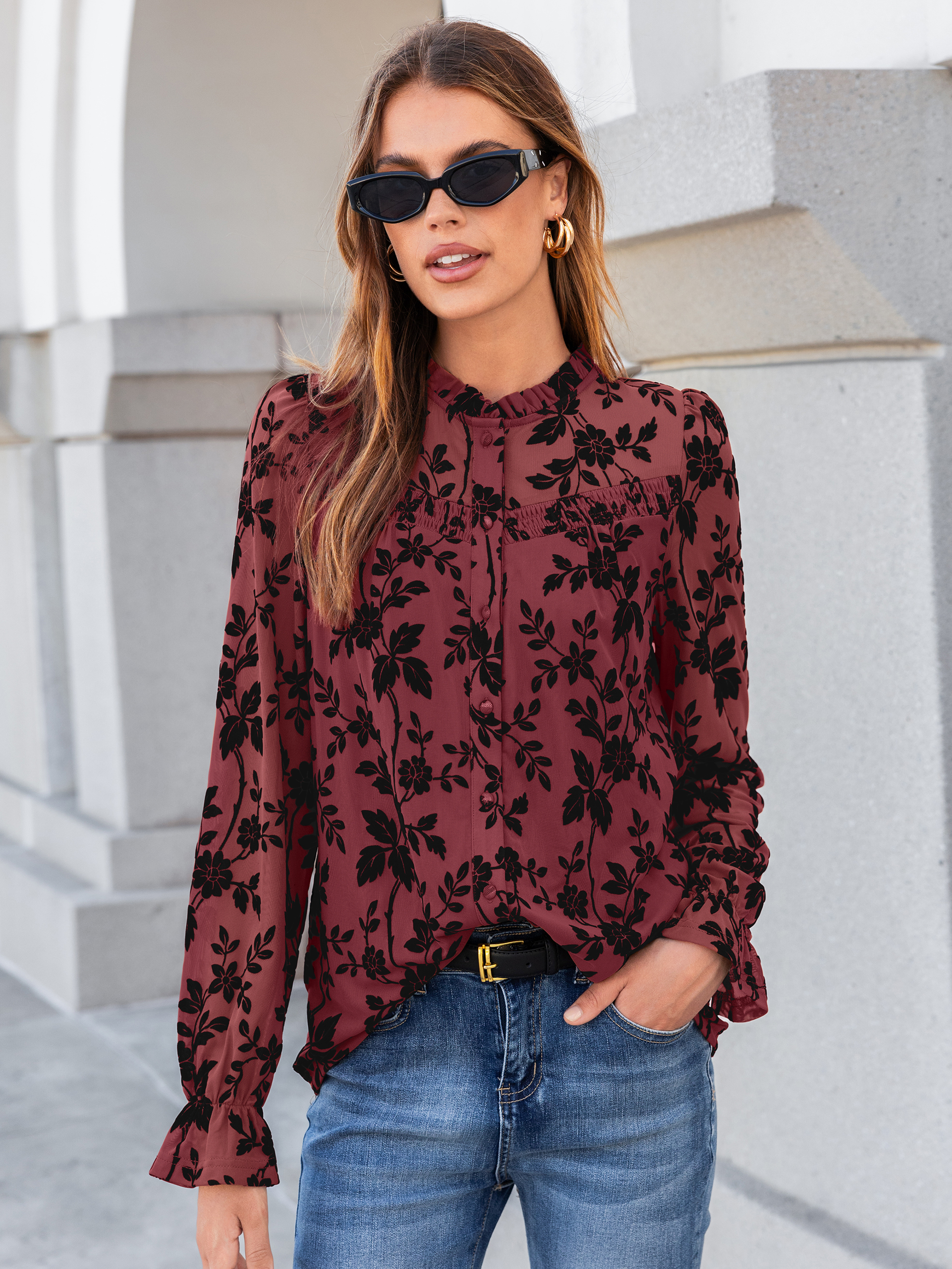 Flocked Floral Ruffled Mesh Long Sleeve Blouse