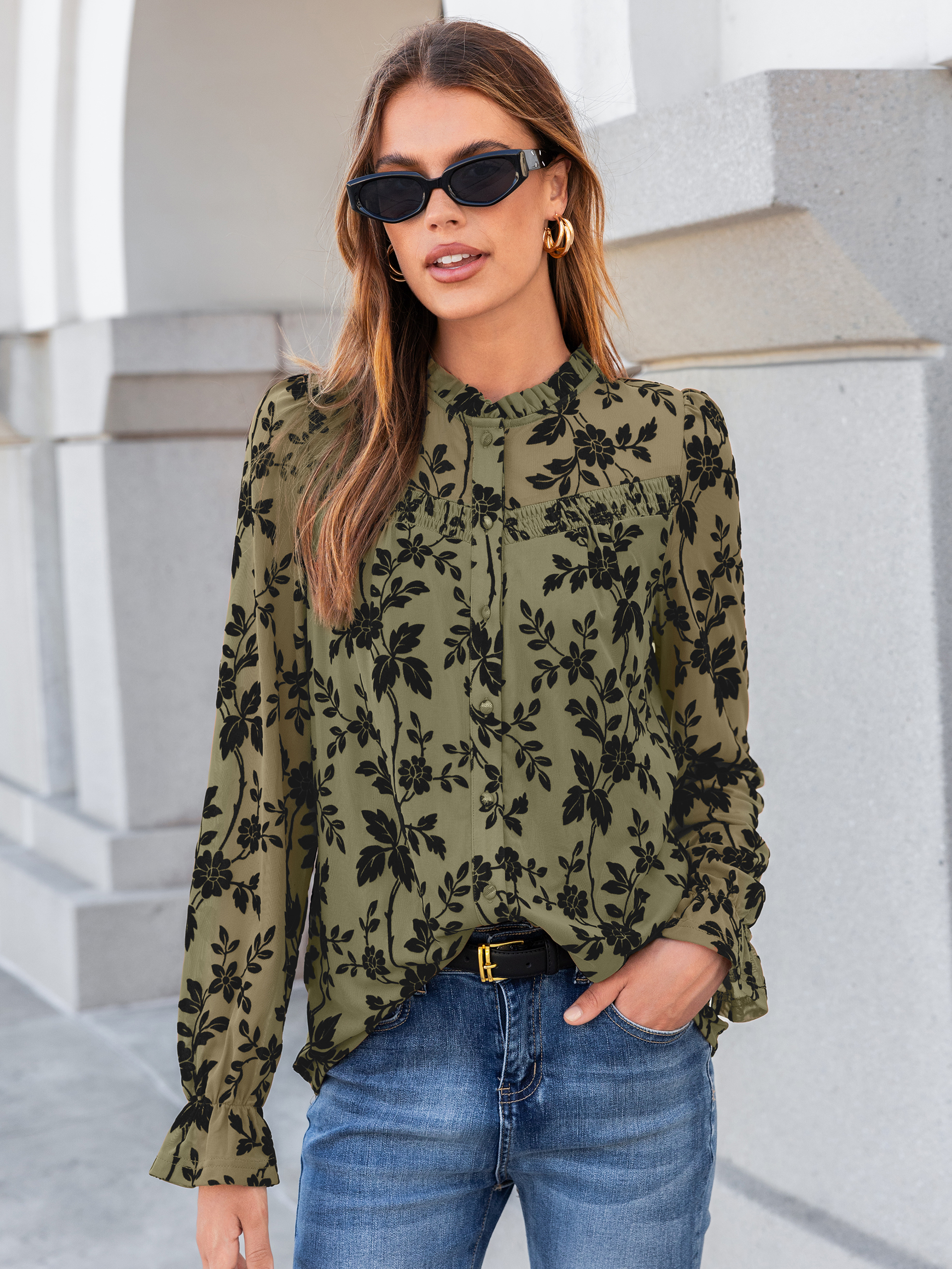 Flocked Floral Ruffled Mesh Long Sleeve Blouse