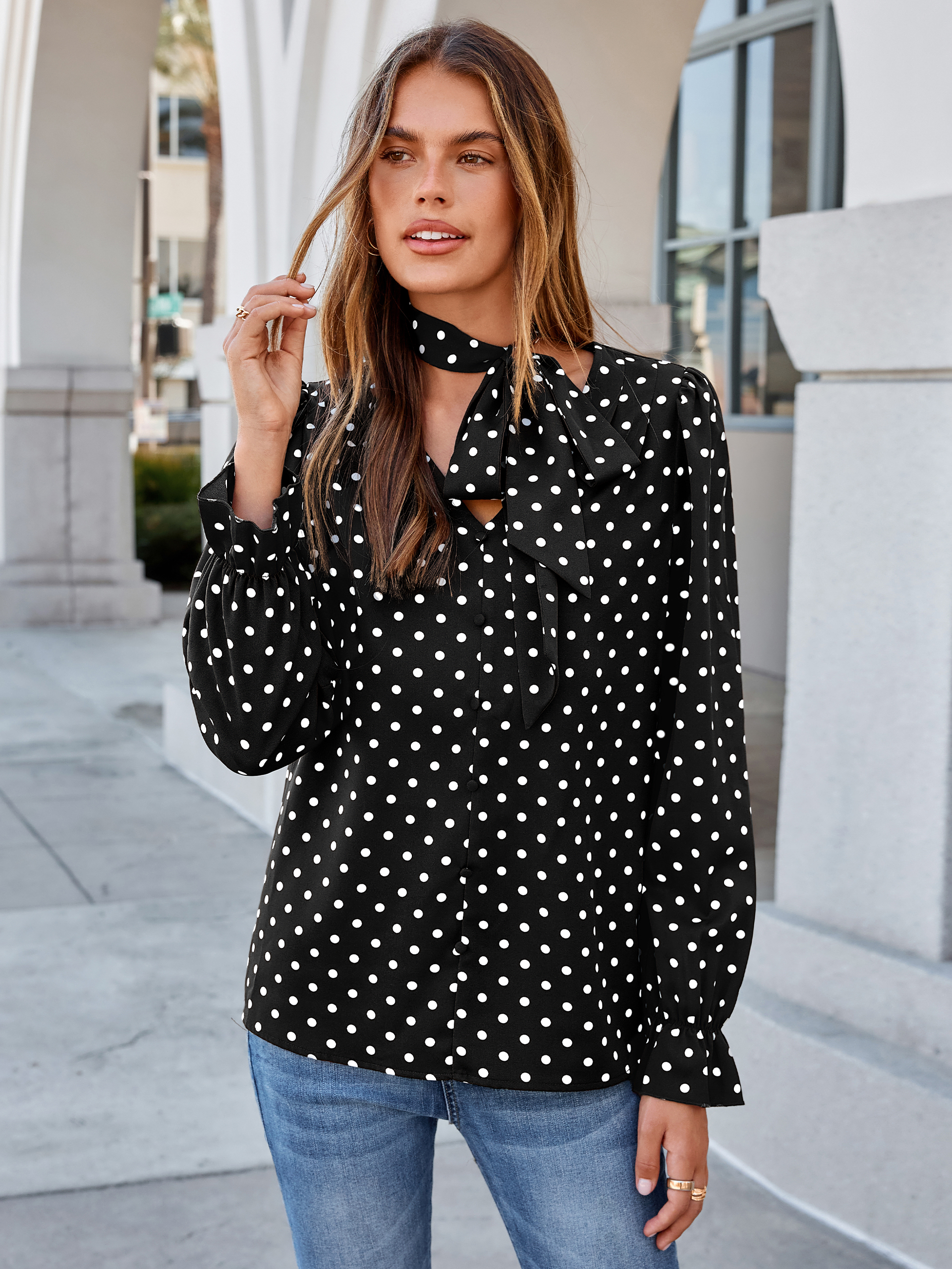 Polka Dot Tie-Neck Long Sleeve Satin Blouse
