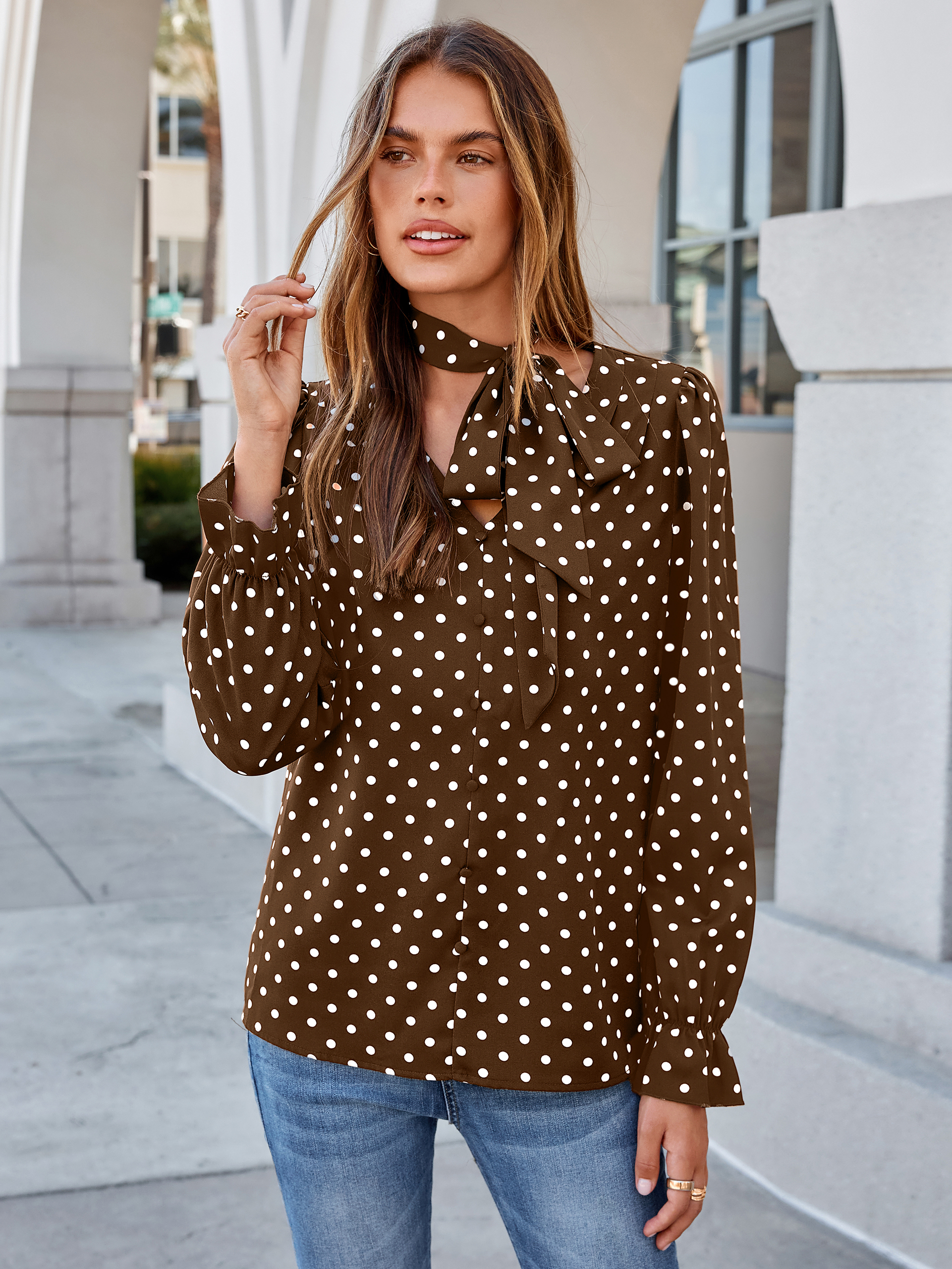 Polka Dot Tie-Neck Long Sleeve Satin Blouse