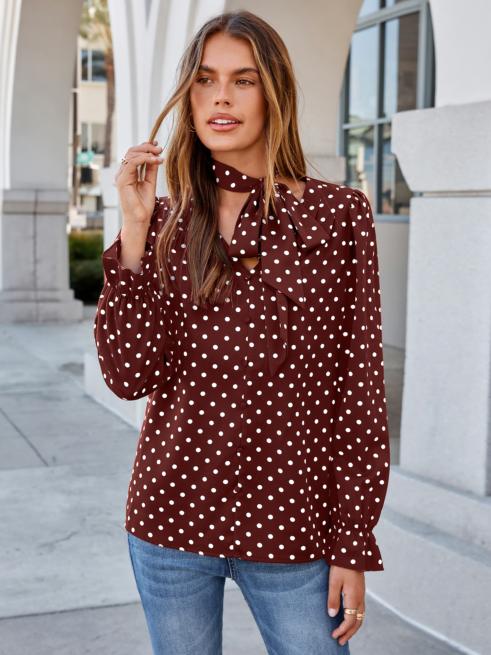 Polka Dot Tie-Neck Long Sleeve Satin Blouse