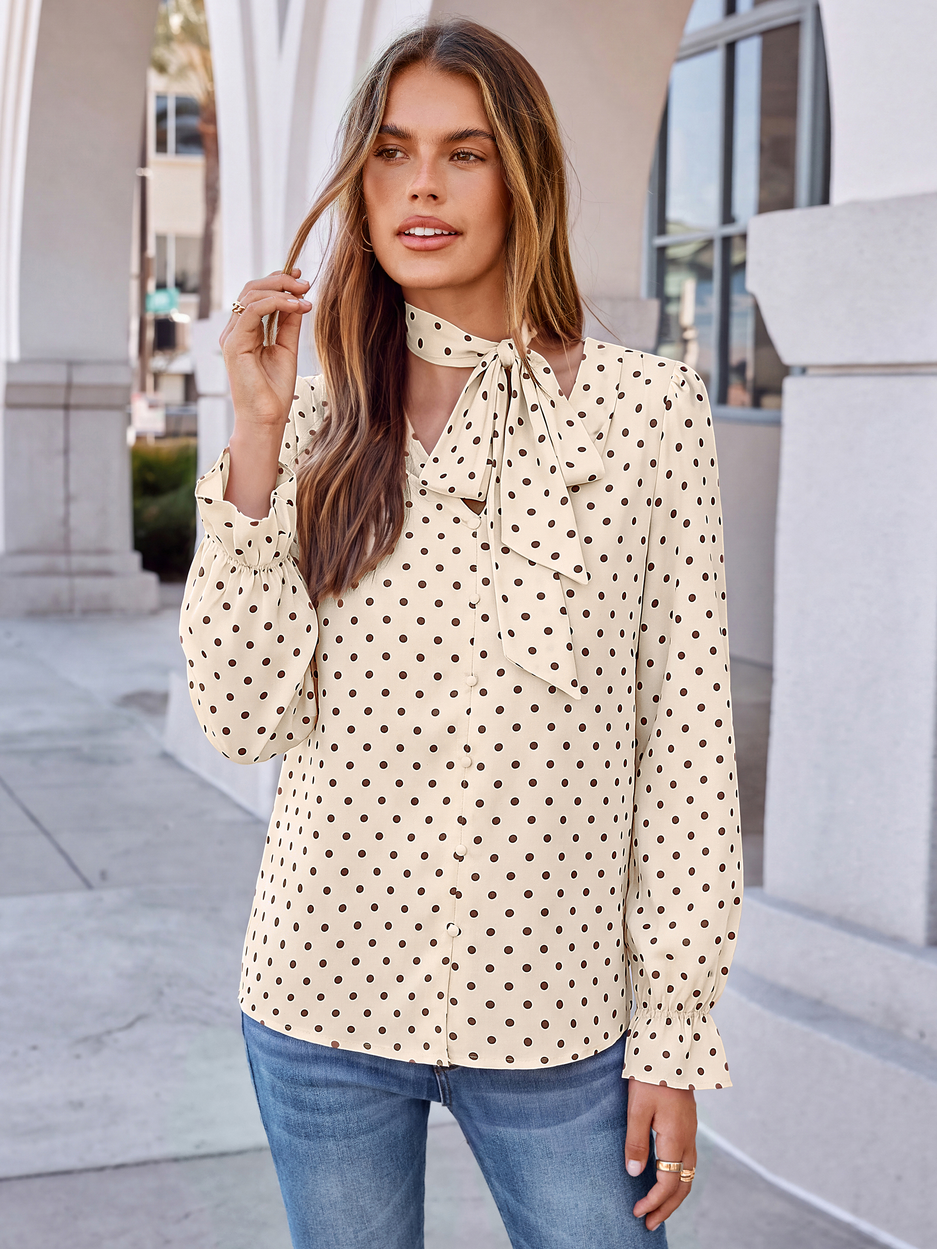 Polka Dot Tie-Neck Long Sleeve Satin Blouse