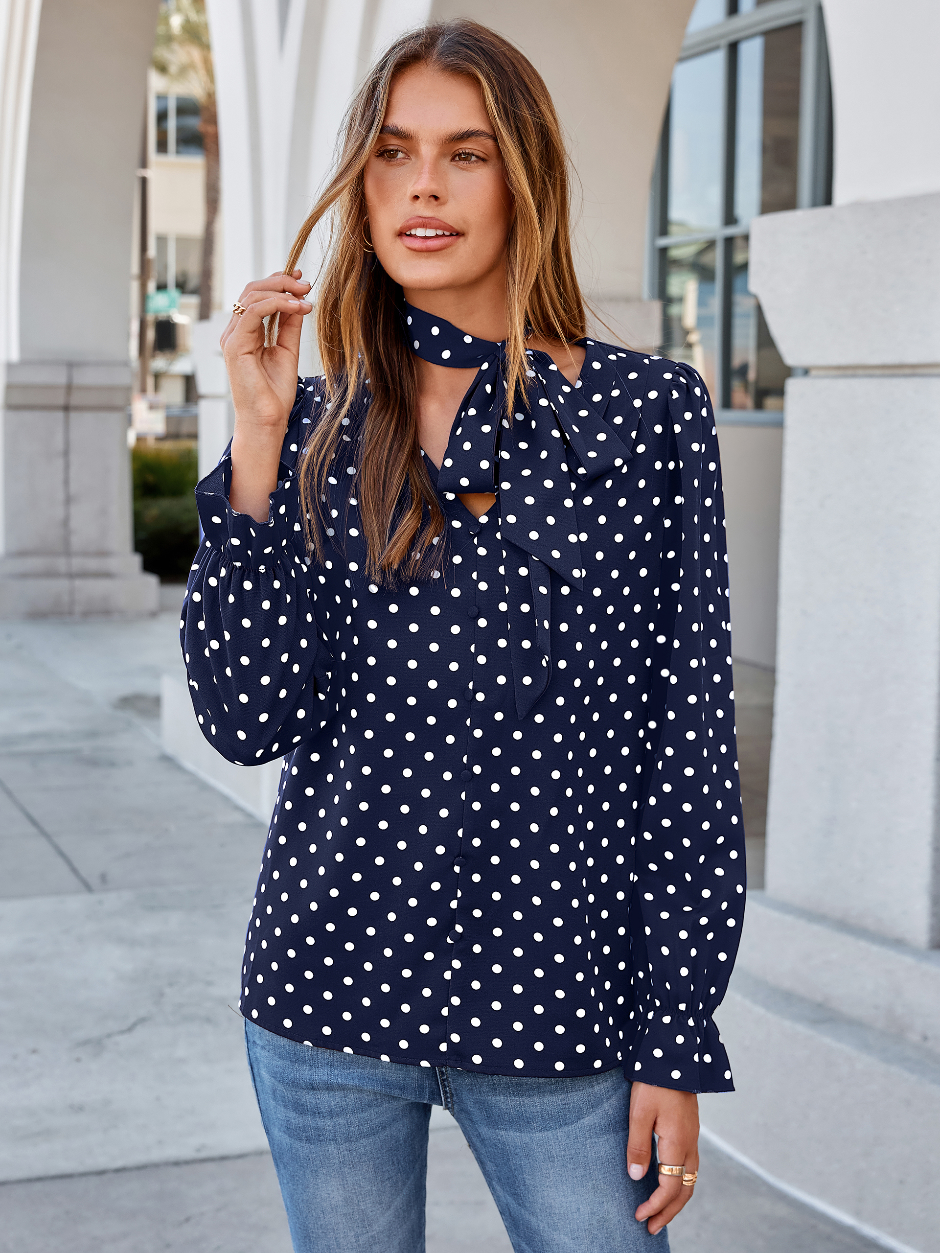 Polka Dot Tie-Neck Long Sleeve Satin Blouse