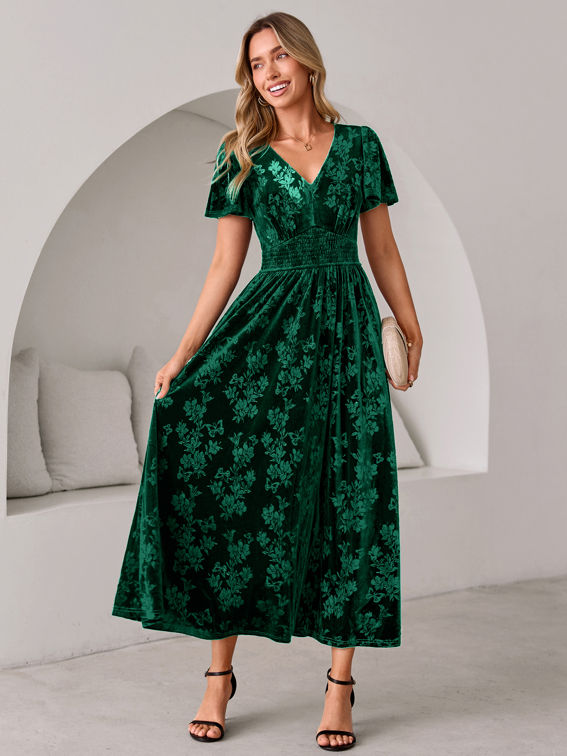 V-Neck Embossed Floral Velvet Maxi Dress - Dark Green