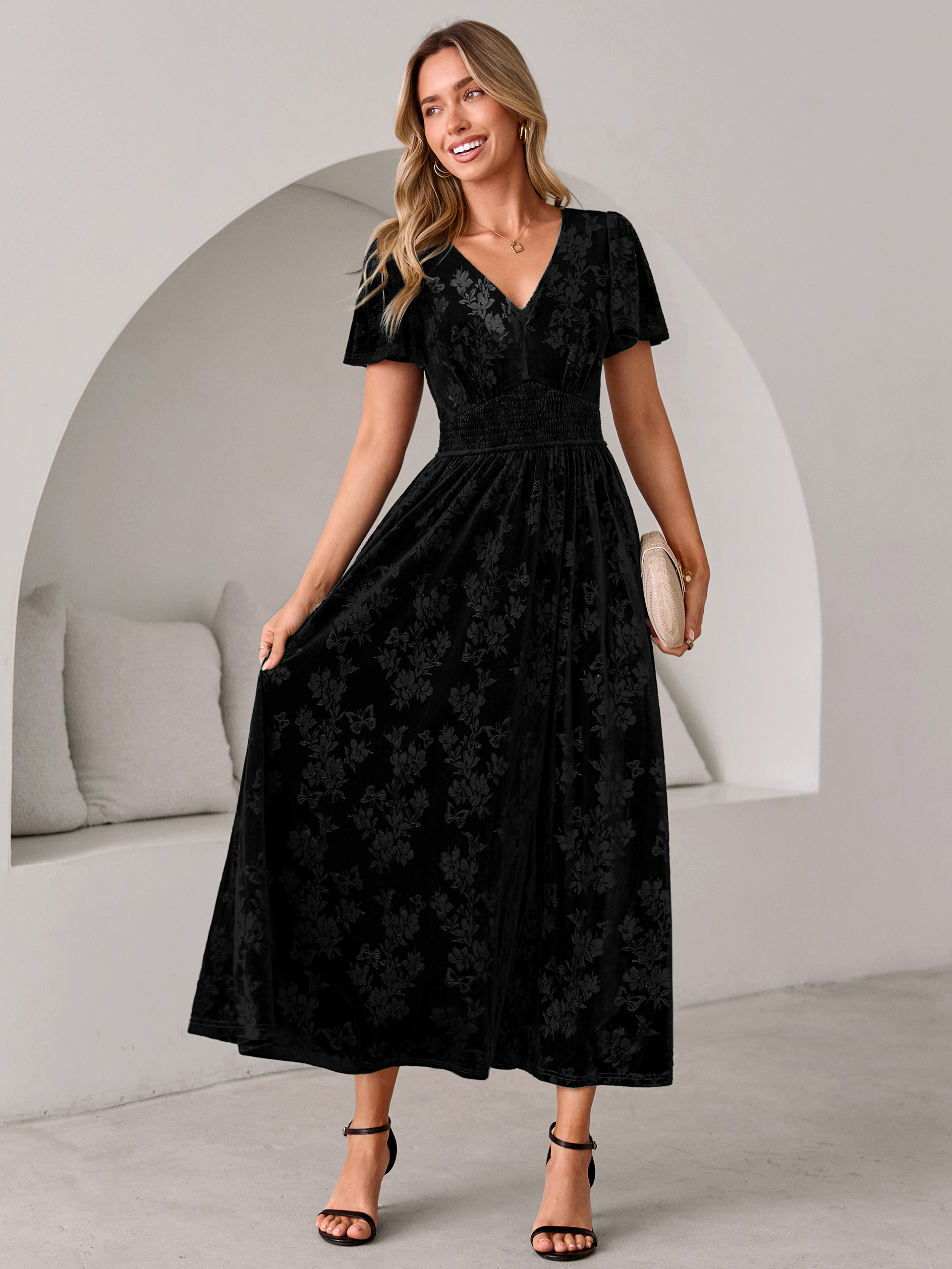 V-Neck Embossed Floral Velvet Maxi Dress - Black