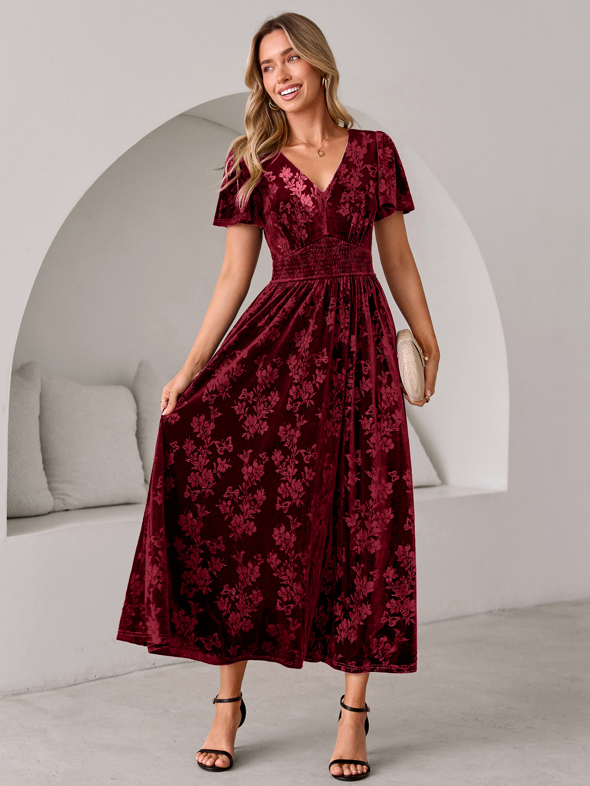 V-Neck Embossed Floral Velvet Maxi Dress - Wine Red