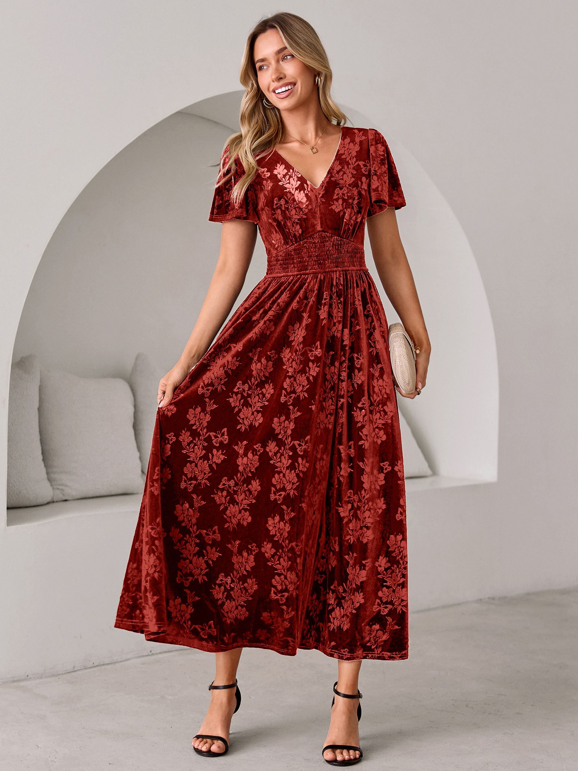 V-Neck Embossed Floral Velvet Maxi Dress - Rust Red