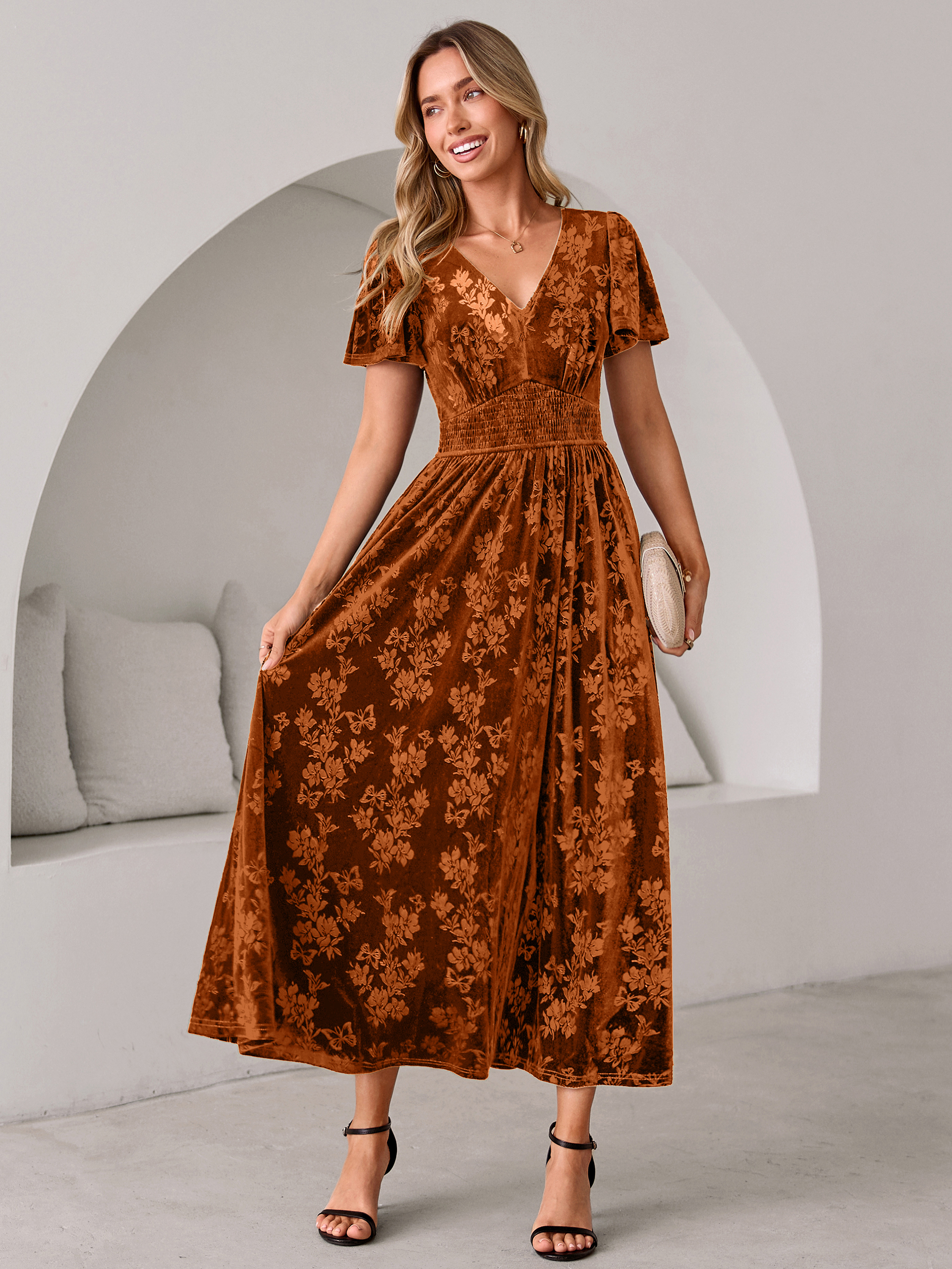 V-Neck Embossed Floral Velvet Maxi Dress - Burnt Orange