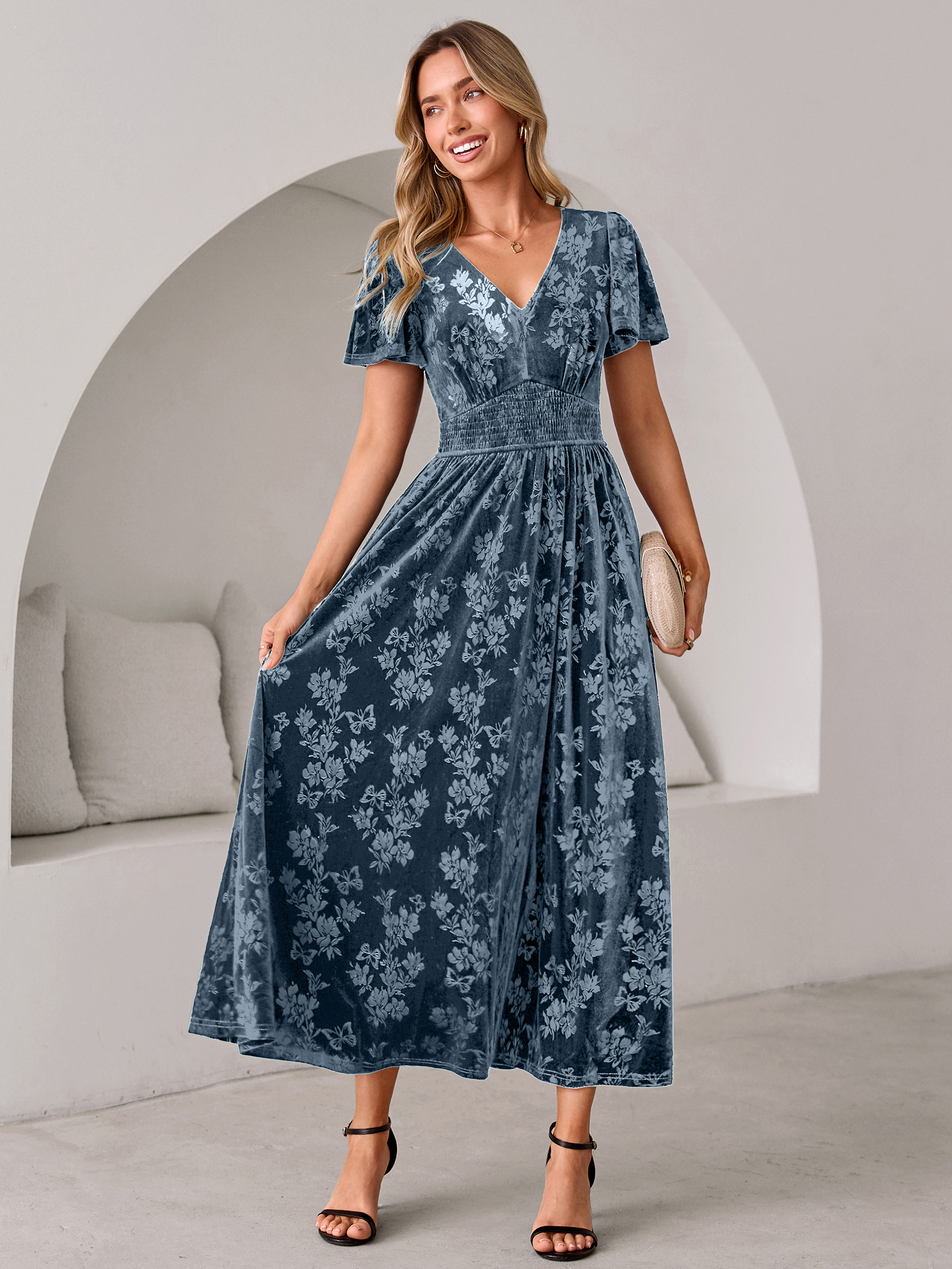 V-Neck Embossed Floral Velvet Maxi Dress - Dusty Blue
