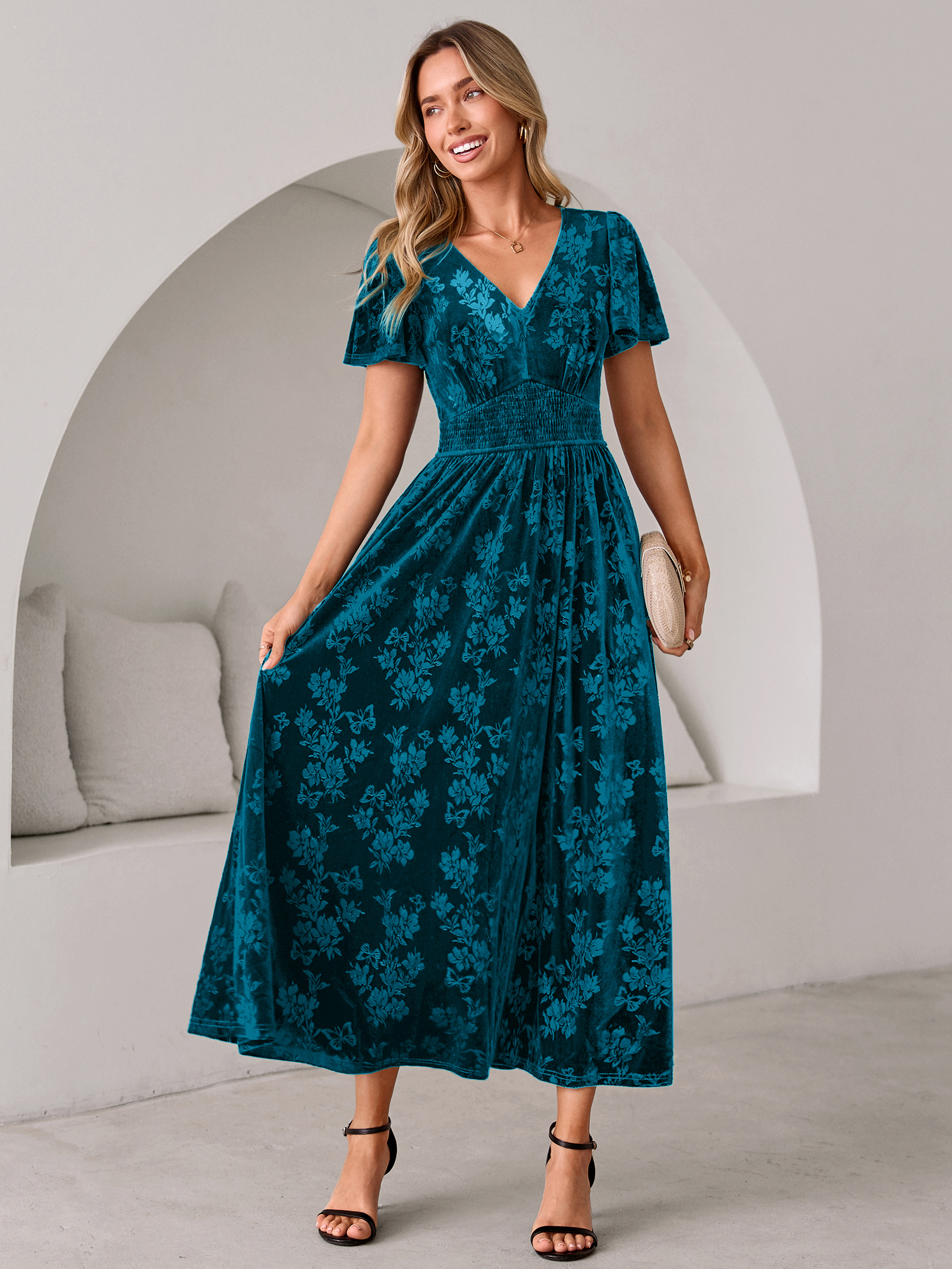 V-Neck Embossed Floral Velvet Maxi Dress - Teal Green
