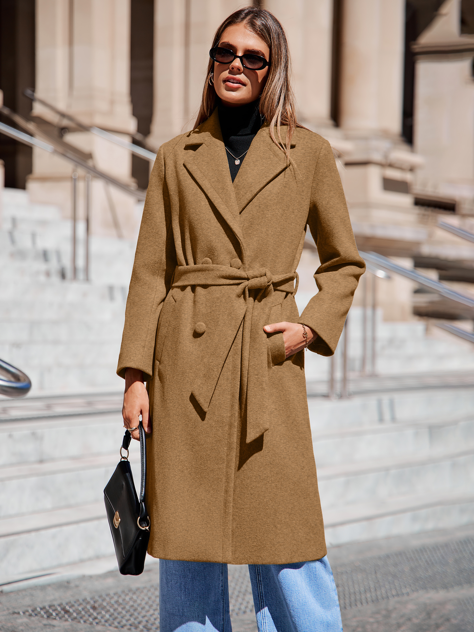 Longline Wool Blend Trench Coat with Belt - Camel
