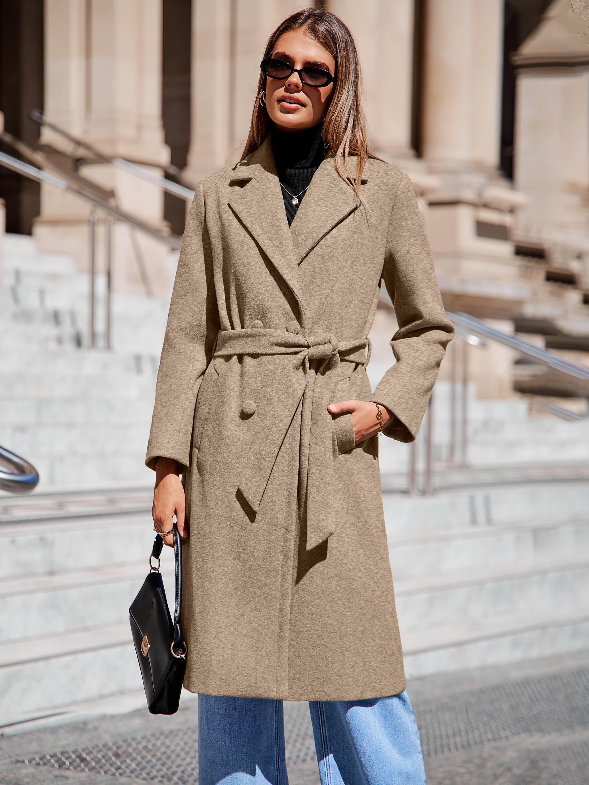 Longline Wool Blend Trench Coat with Belt - Khaki