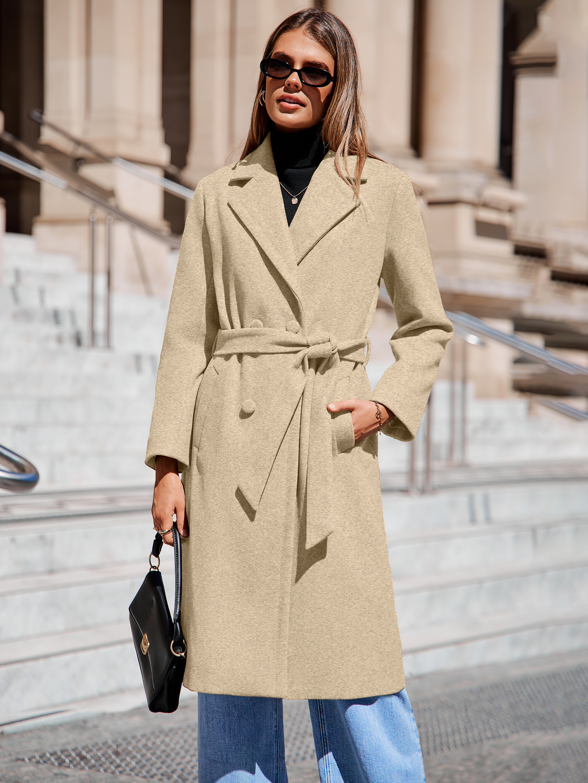 Longline Wool Blend Trench Coat with Belt - Beige