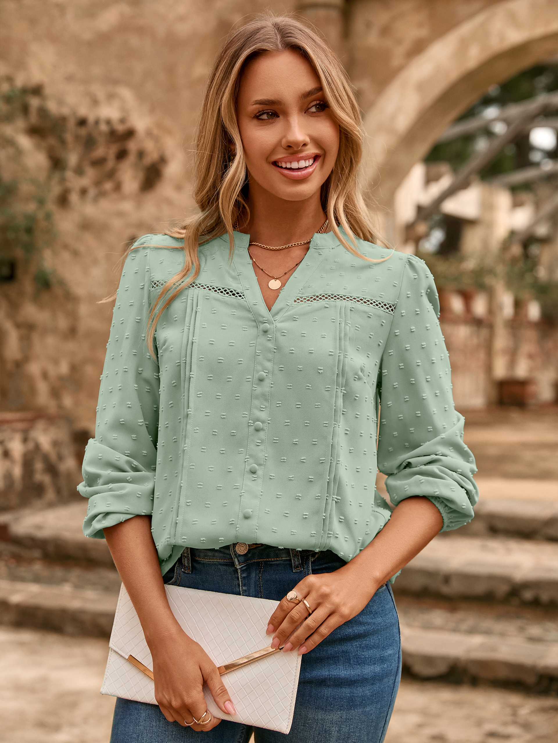 Lace Trim V Neck Swiss Dot Blouse