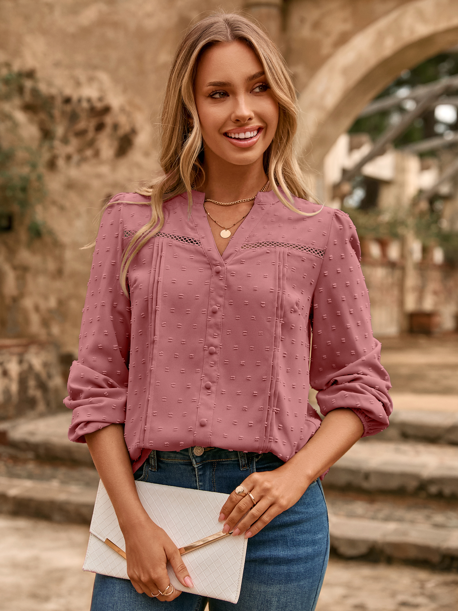 Lace Trim V Neck Swiss Dot Blouse