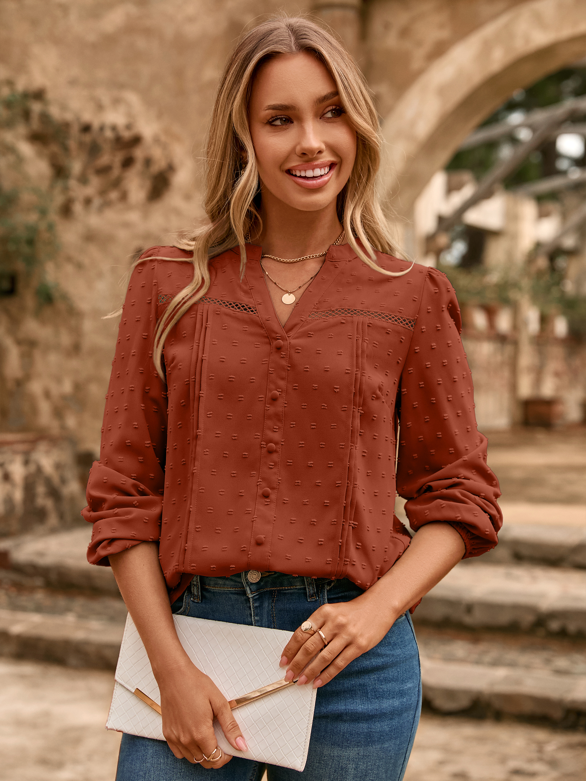 Lace Trim V Neck Swiss Dot Blouse