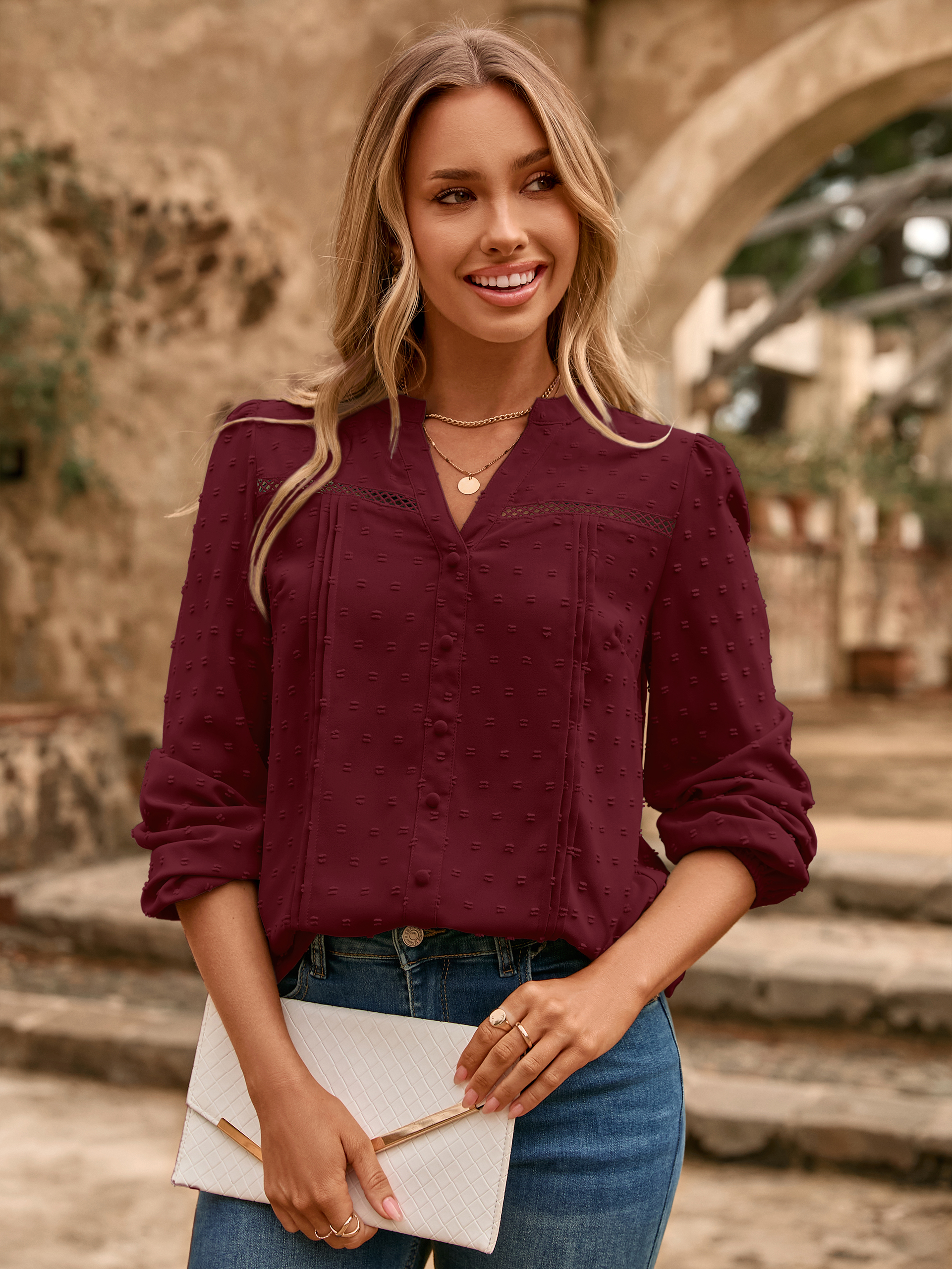 Lace Trim V Neck Swiss Dot Blouse