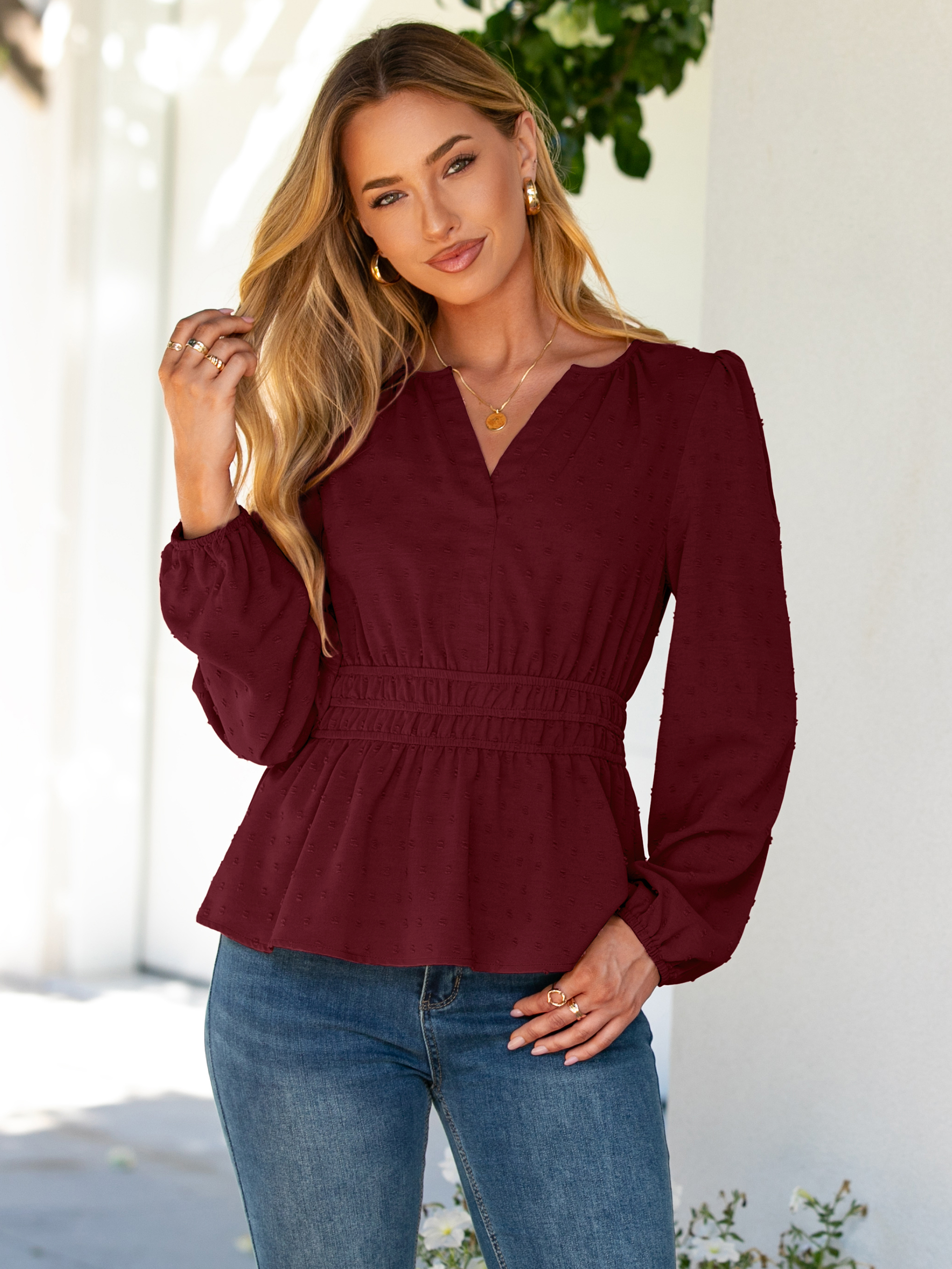 Swiss Dot V Neck Long Sleeve Peplum Blouse