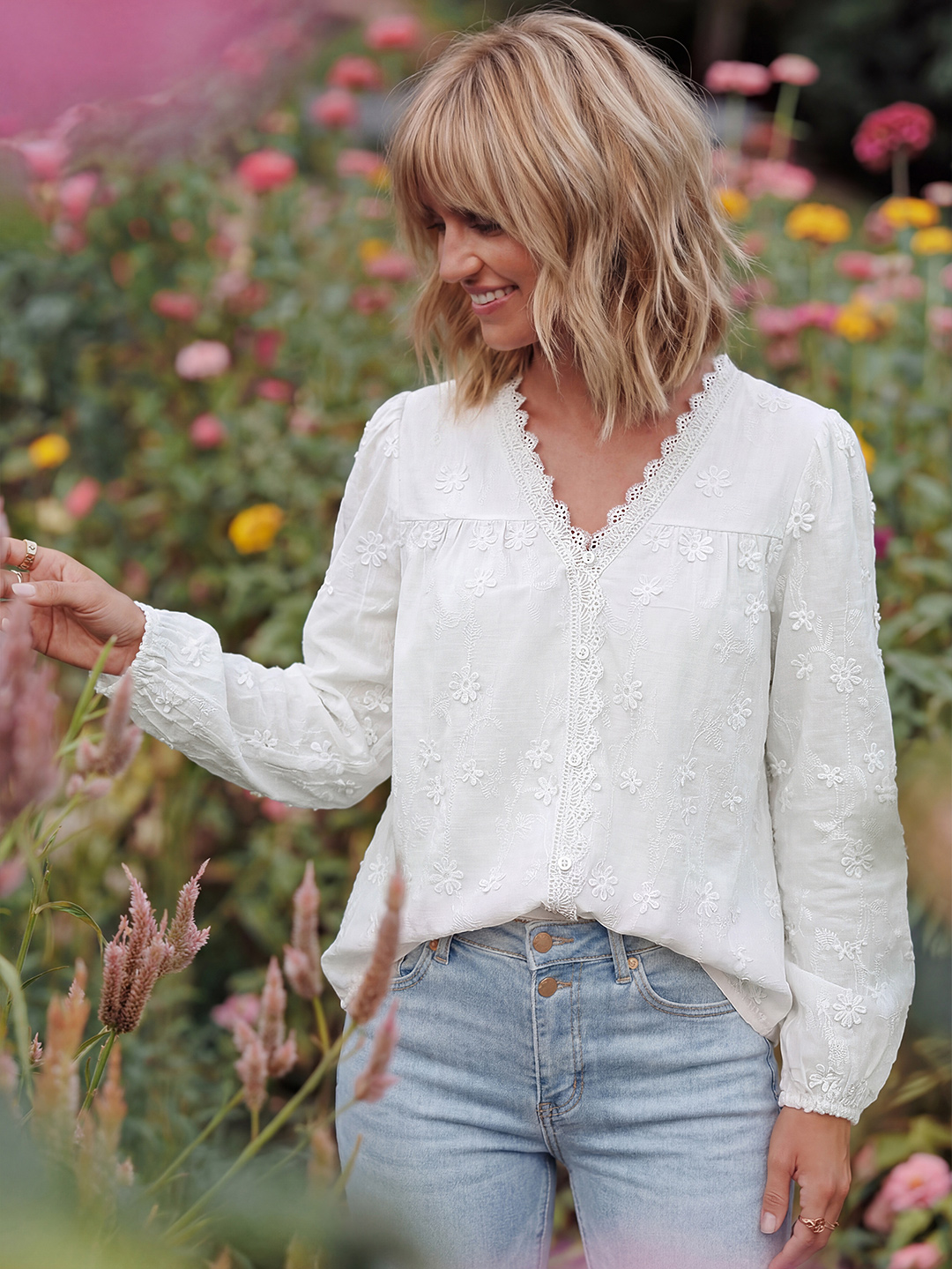Floral Lace V Neck Embroidered Button Down Blouse - White