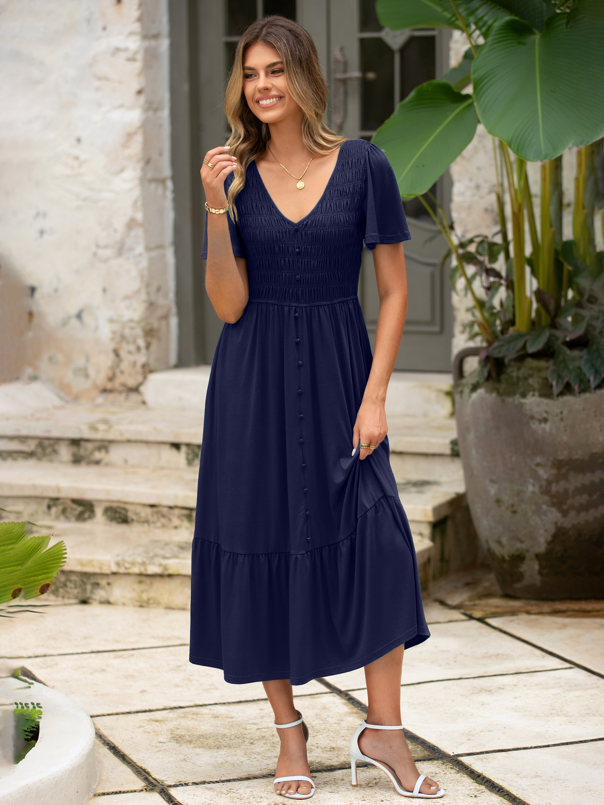 Smocked Waist Flutter Sleeve Boho Maxi Dress